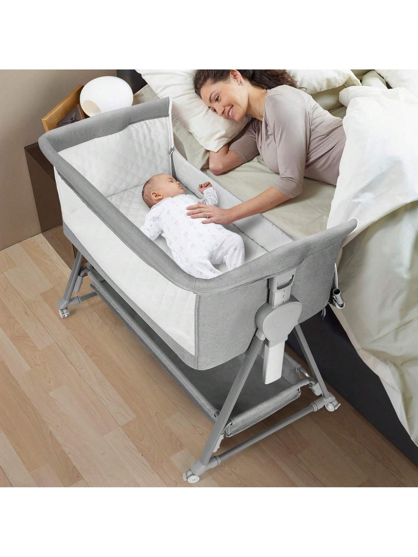 Baby Bassinet, Beside Sleeper For Baby Easy Folding Bedside Bassinet With Storage Basket And Wheels To Reduce Mom's Fatigue (Dark Grey)