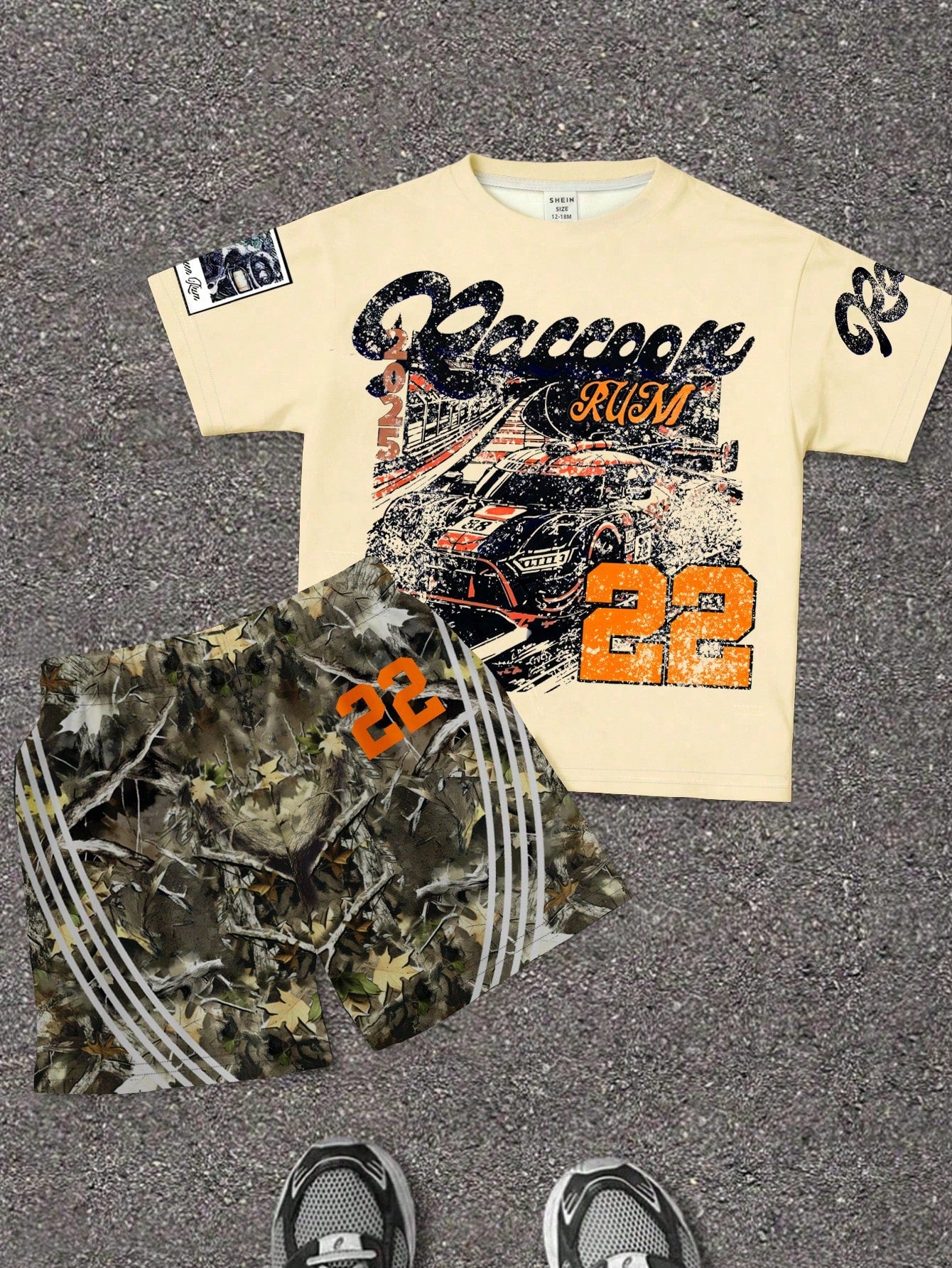 Baby Boy Casual Minimalist T-Shirt Set Suitable For Summer, Classic Cool Handsome Retro Racing Pattern Print, Number 22, Street Style Dried Leaves Pattern Print, Striped Pattern Print, Suitable For Sp