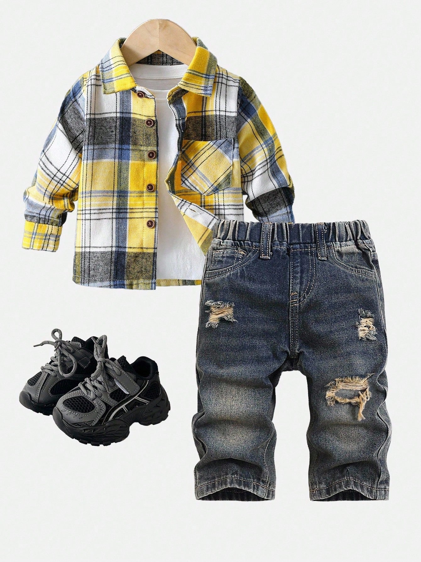 Baby Boy Fall And Winter Vintage Distressed Street Style Casual Dark Blue Denim Ripped Frayed Loose Fit Straight Leg Baggy Jeans, Without Top, For Back To School And Streetwear