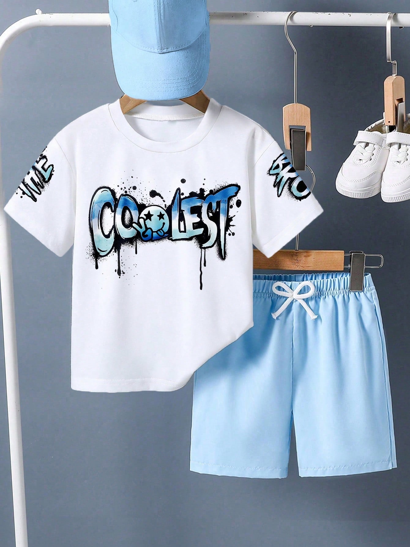 Baby Boy Letter Print Round Neck Short Sleeve T-Shirt And Shorts Casual Daily Outfit