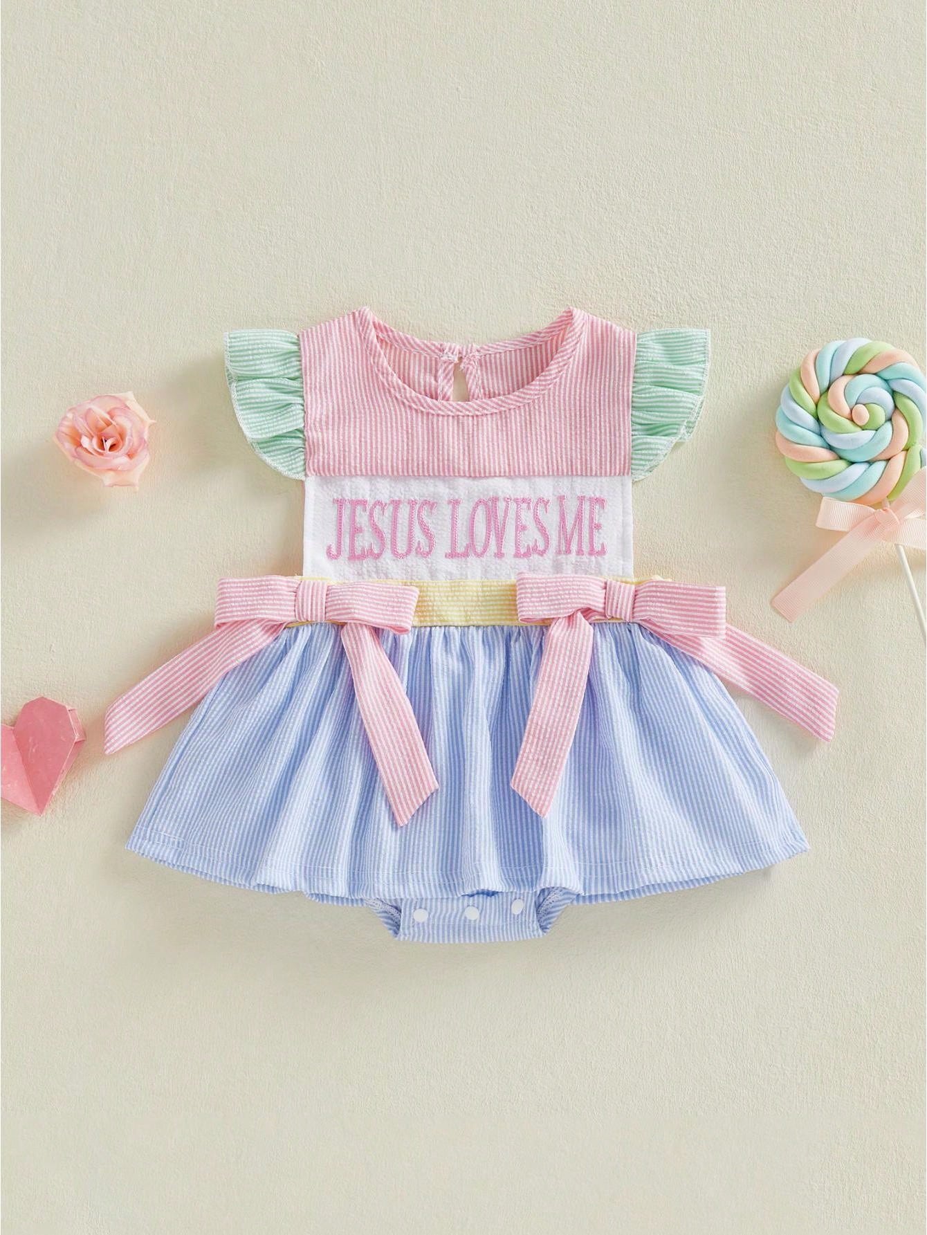 Baby Girl Christian Clothes Jesus Loves Me Romper Dress Ruffle Sleeveless Striped Bodysuit Easter Baptism Outfit
