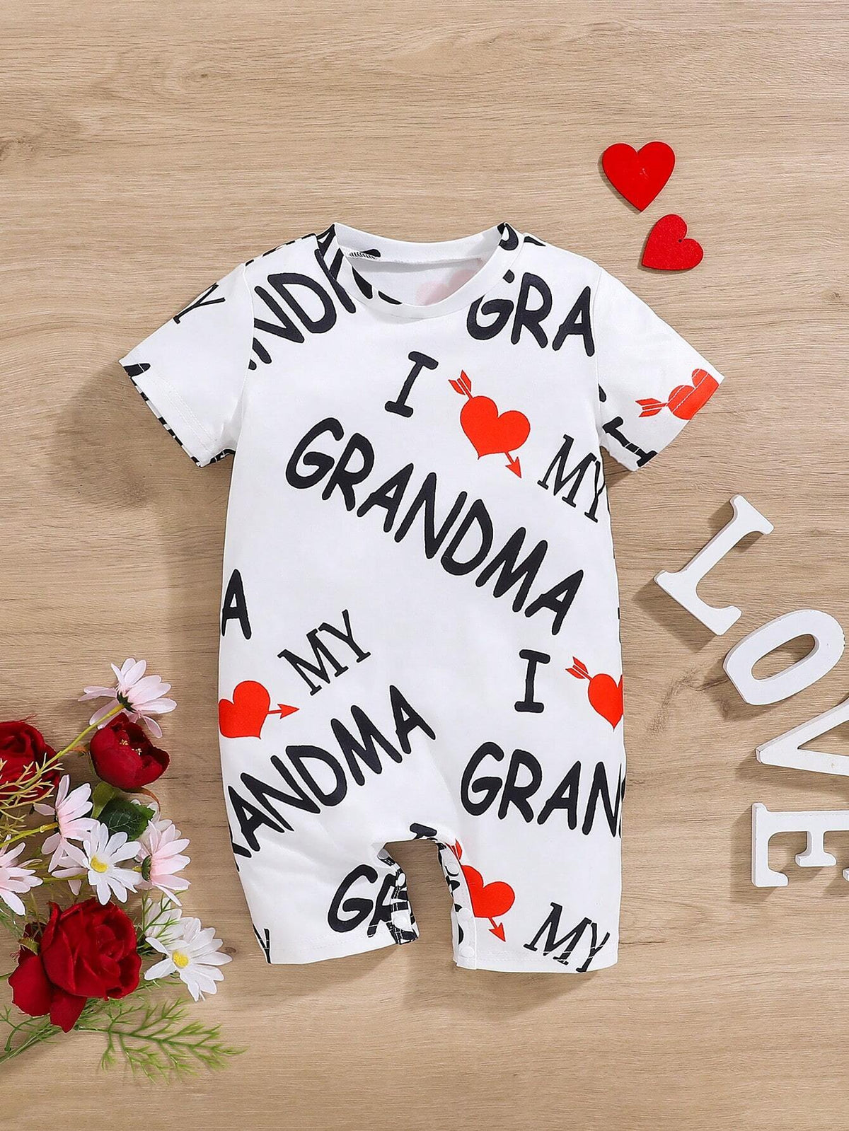 Baby Girl Cute Casual Letter And Heart Printed Short Sleeve Romper With Round Neckline, Comfortable For Daily Wear In Summer (Can Be Worn Outside)