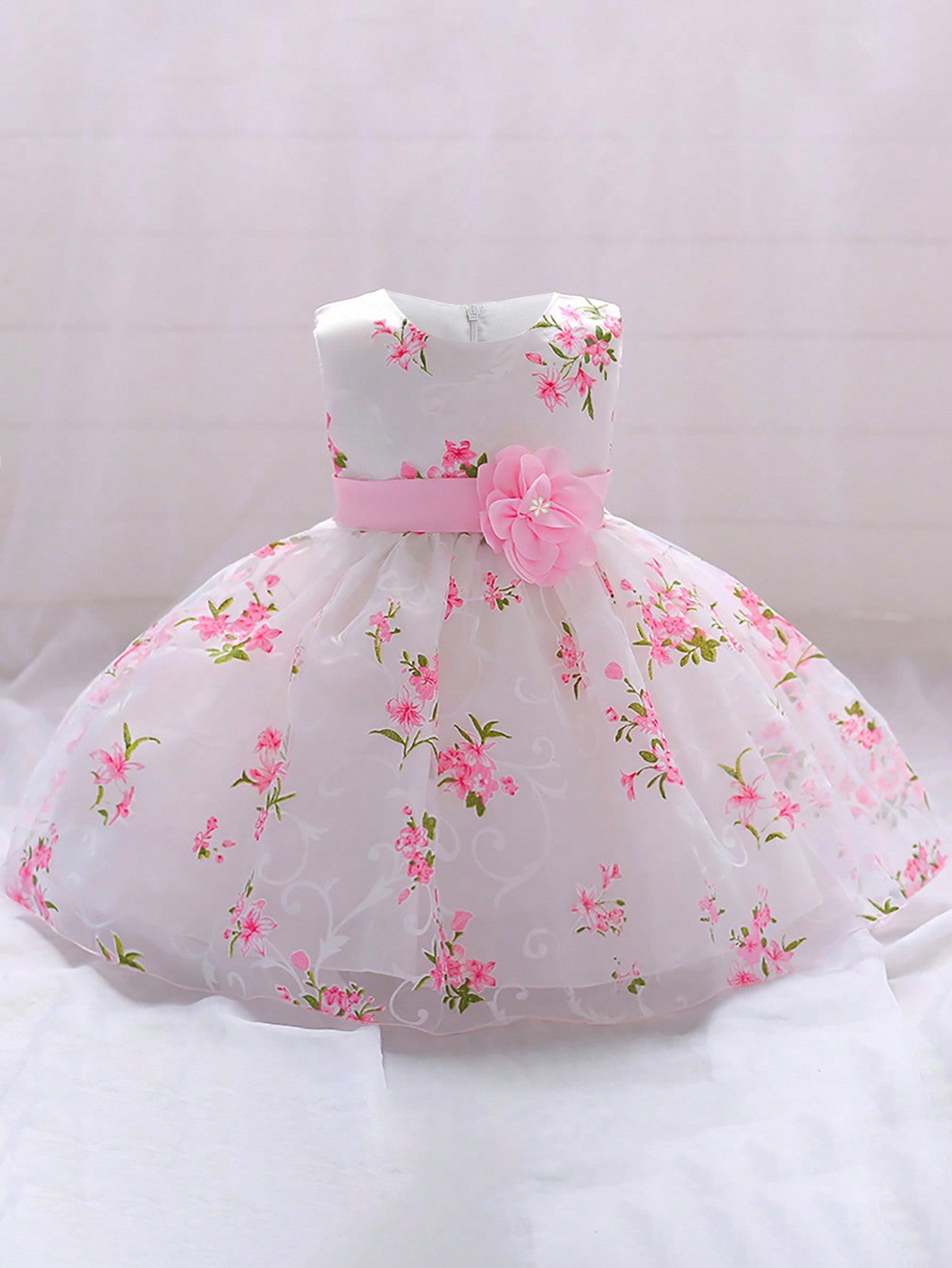 Baby Girls Floral Print Glass Tulle Princess Dress Flower Girl Gown, Headband Not Included