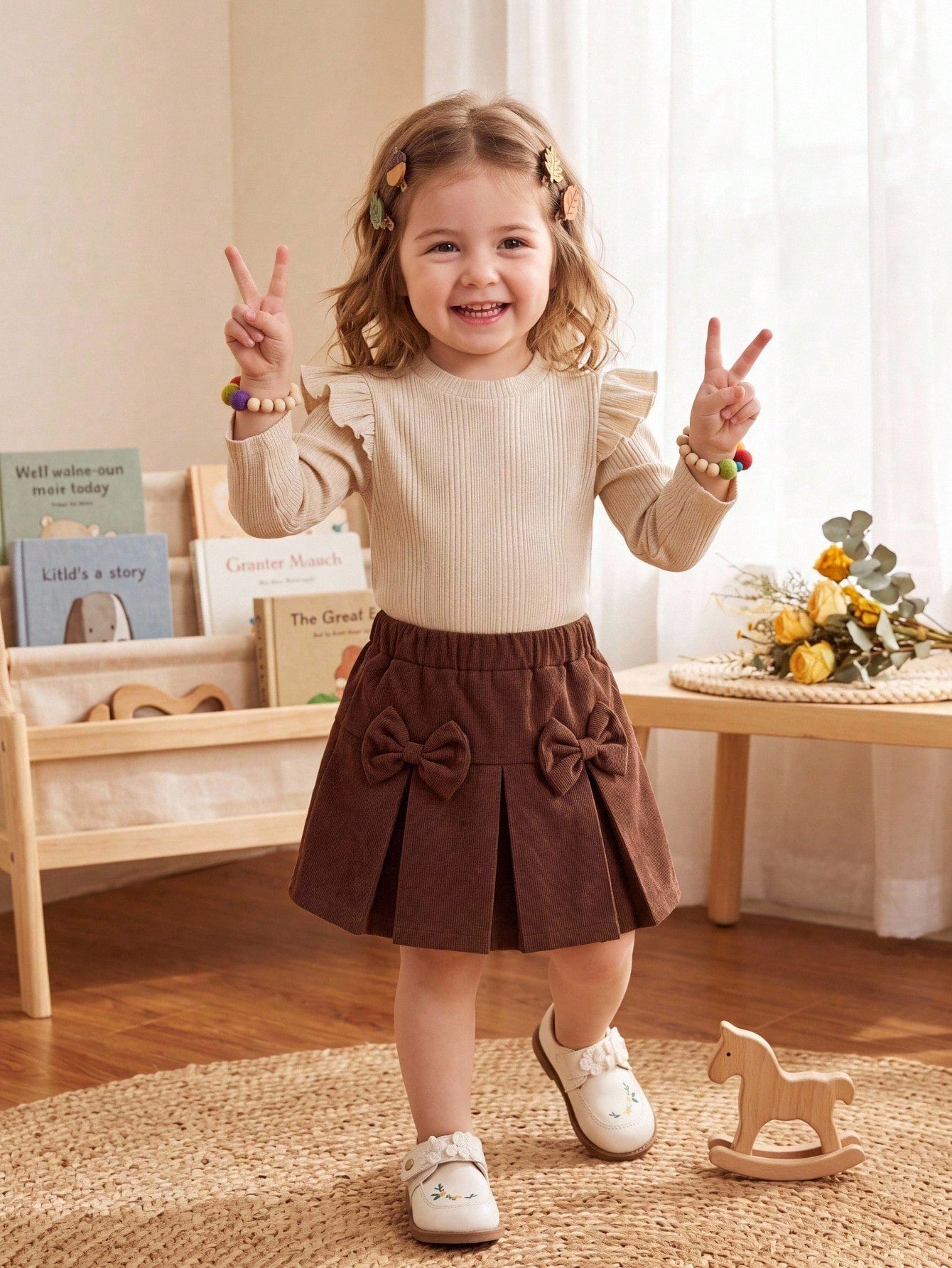 Baby Girls Unisex Infant Toddler 0-3 Years Spring/Autumn Black Elegant Style Round Neck Pullover Top With Black Bow Knot Decorated Coffee Brown Plaid Woven Skirt Set, Elegant Style Casual Fit Su