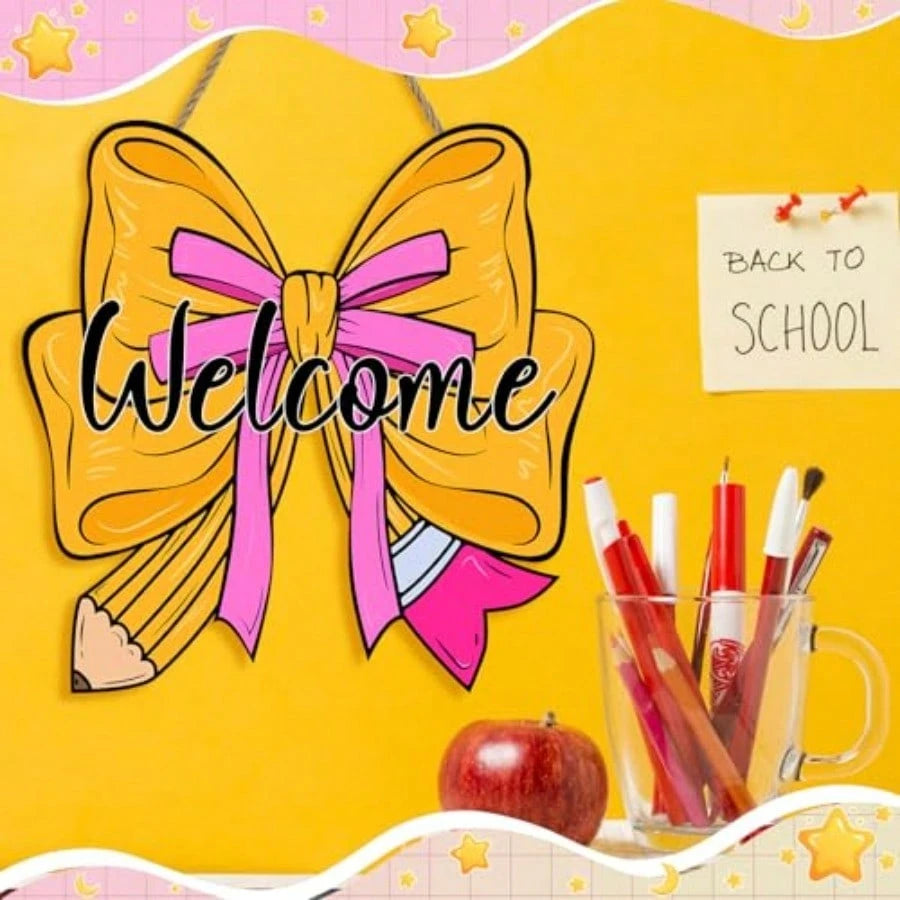 Back To School Welcome Door Sign For Classroom Decorations, Cute Pencil Bow Design First And Last Day Of School Welcome Wooden Wall Hanging Wreath Decor For School Classroom