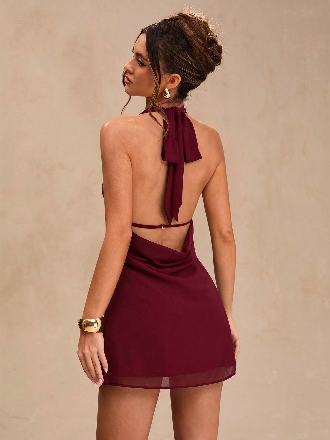 BAE Spring/Summer Solid Black Deep Draped Neck Halter Sexy Cowl Neck Backless Women's Chiffon Mini Dress