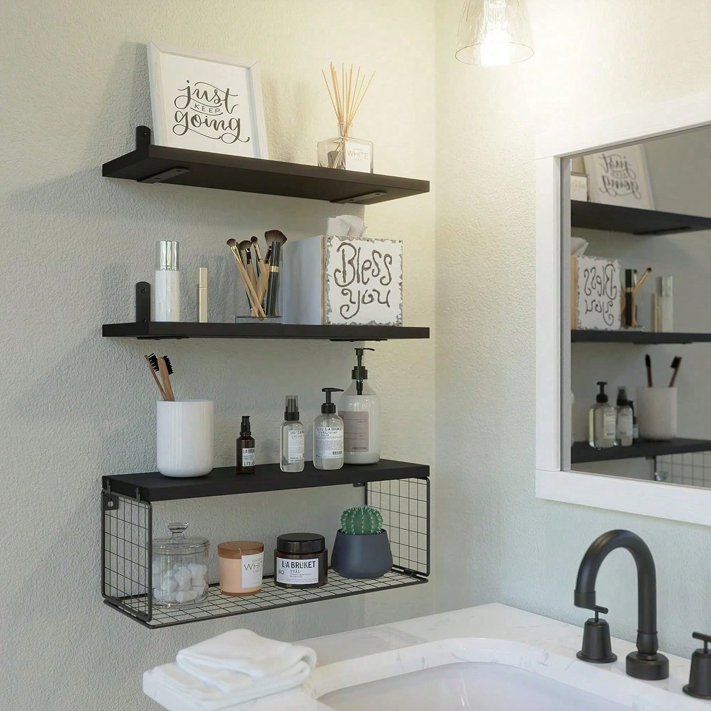 Bathroom Shelves Over Toilet- Wall Mounted Floating Shelves Toilet Paper Storage Small Farmhouse Decor Shelf 16 Inch Set Of 3, Black