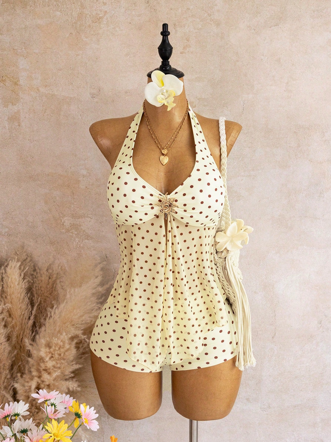 Bellisia Swim Chic Sea French Elegant Halter Neck Tankini Swimwear With Metal Decor And Mesh Splice, Vacation Style