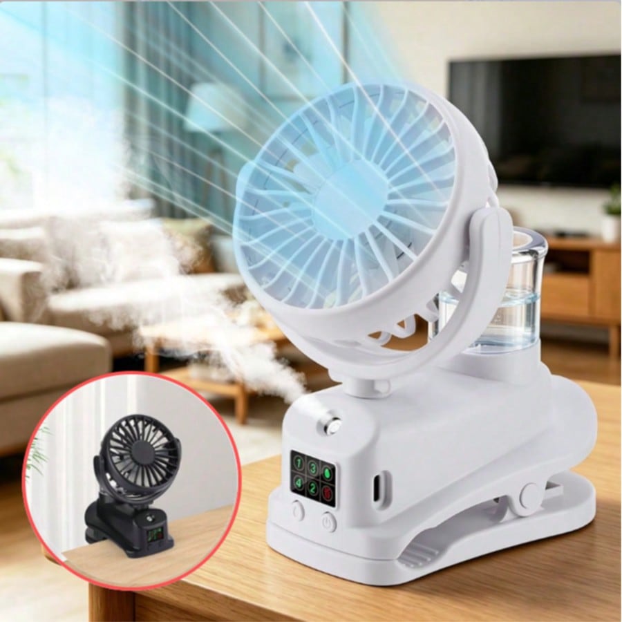 Black/White Portable Fan,Clip On Stroller Mist Humidifier Mini Fan,USB Rechargeable,360° Rotatable Digital Display Fan For Car Office Camping Baby Use