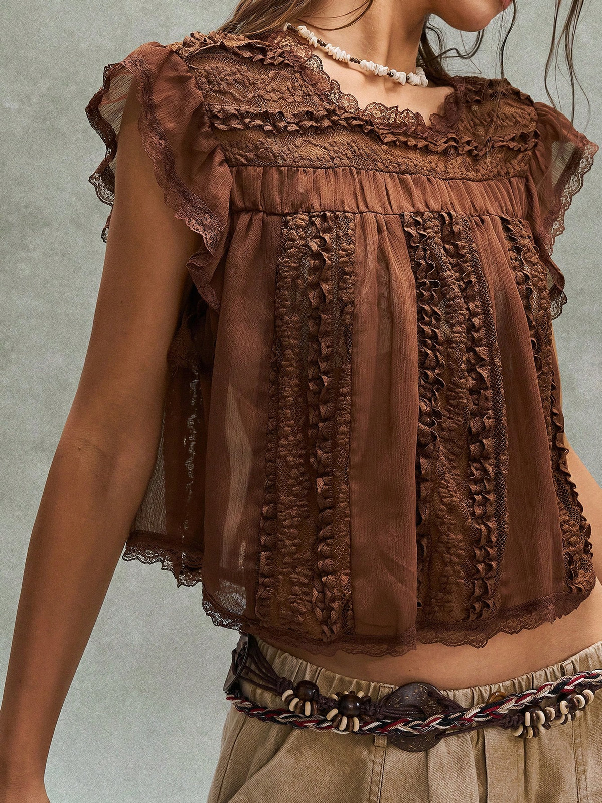 Bohemela BOHO Women's Summer Casual Solid Woven Shirt|Vintage Lace|Brown Top