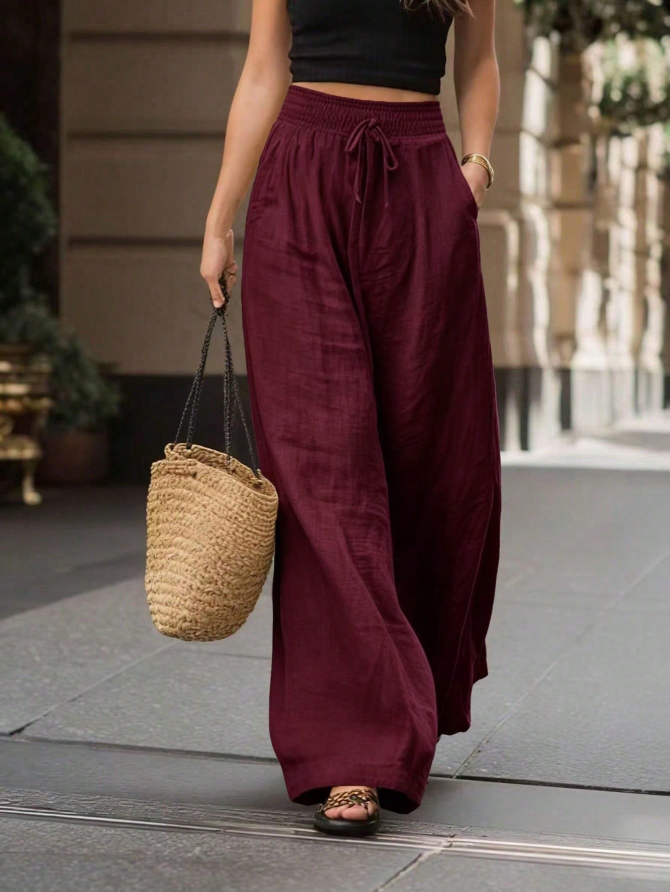 Breezaya French Style High Waist Loose Wide Leg Solid Color Women's Long Pants, Elegant Fashion, Suitable For Spring Summer Autumn Winter, Vacation, Commute, Daily Wear, Party, Beach, Casual, Romantic