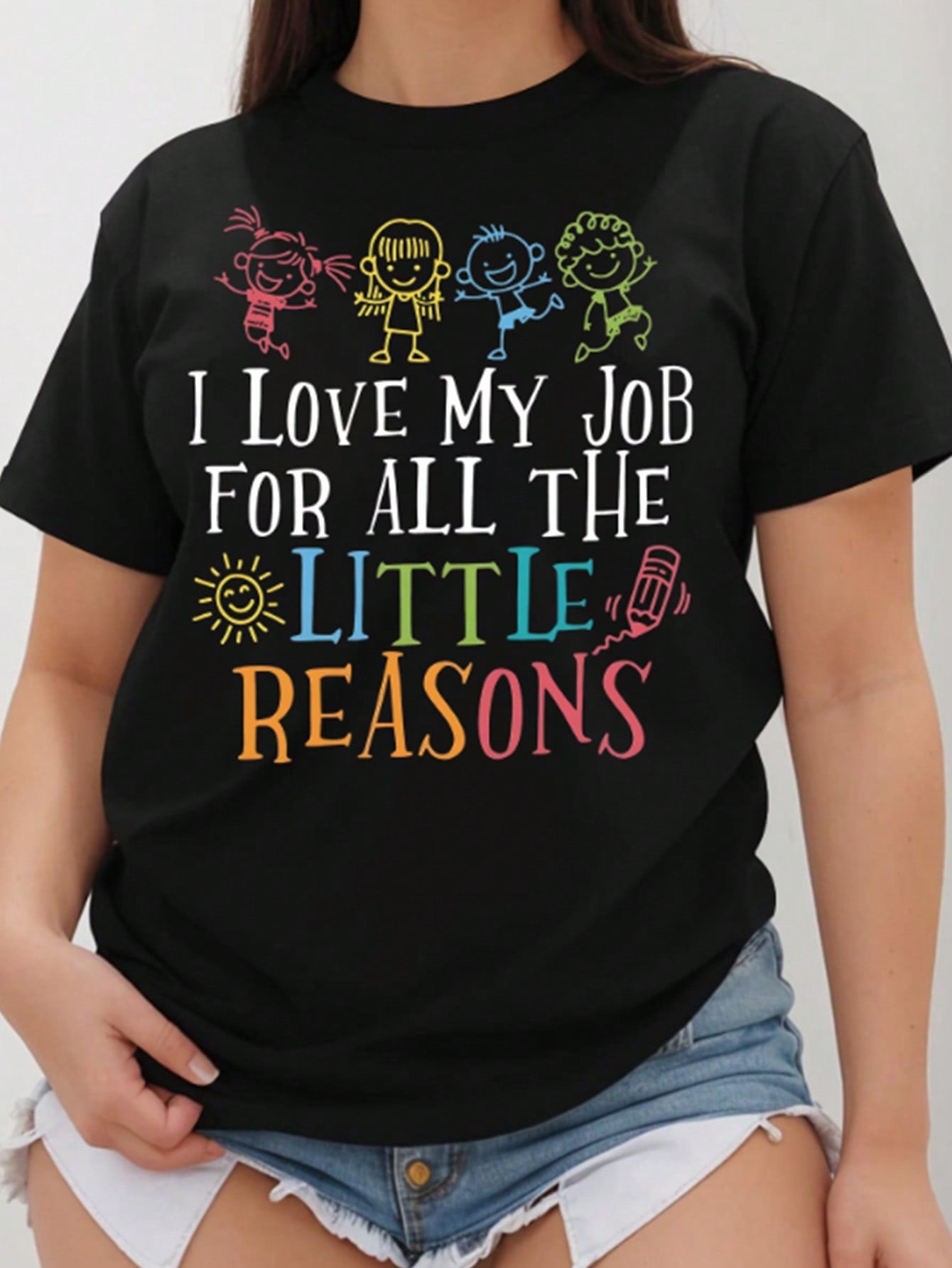 Calvaya Teachers' Day Print T-Shirt, Short Sleeve Crew Neck Casual Top For Plus Size Summer & Spring, Women's Clothing Graphic Tees Women Tops