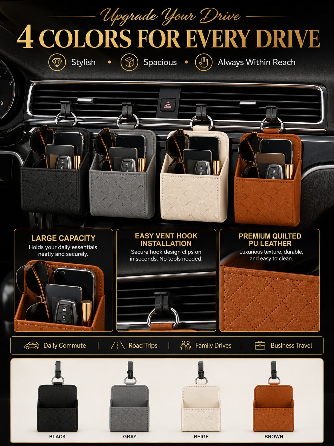 Car Air Vent Storage Box PU Leather Hanging Storage Bag Phone Glasses Keys Coins Cards Organizer Universal Car Interior Accessory Suitable For Sedan SUV Truck