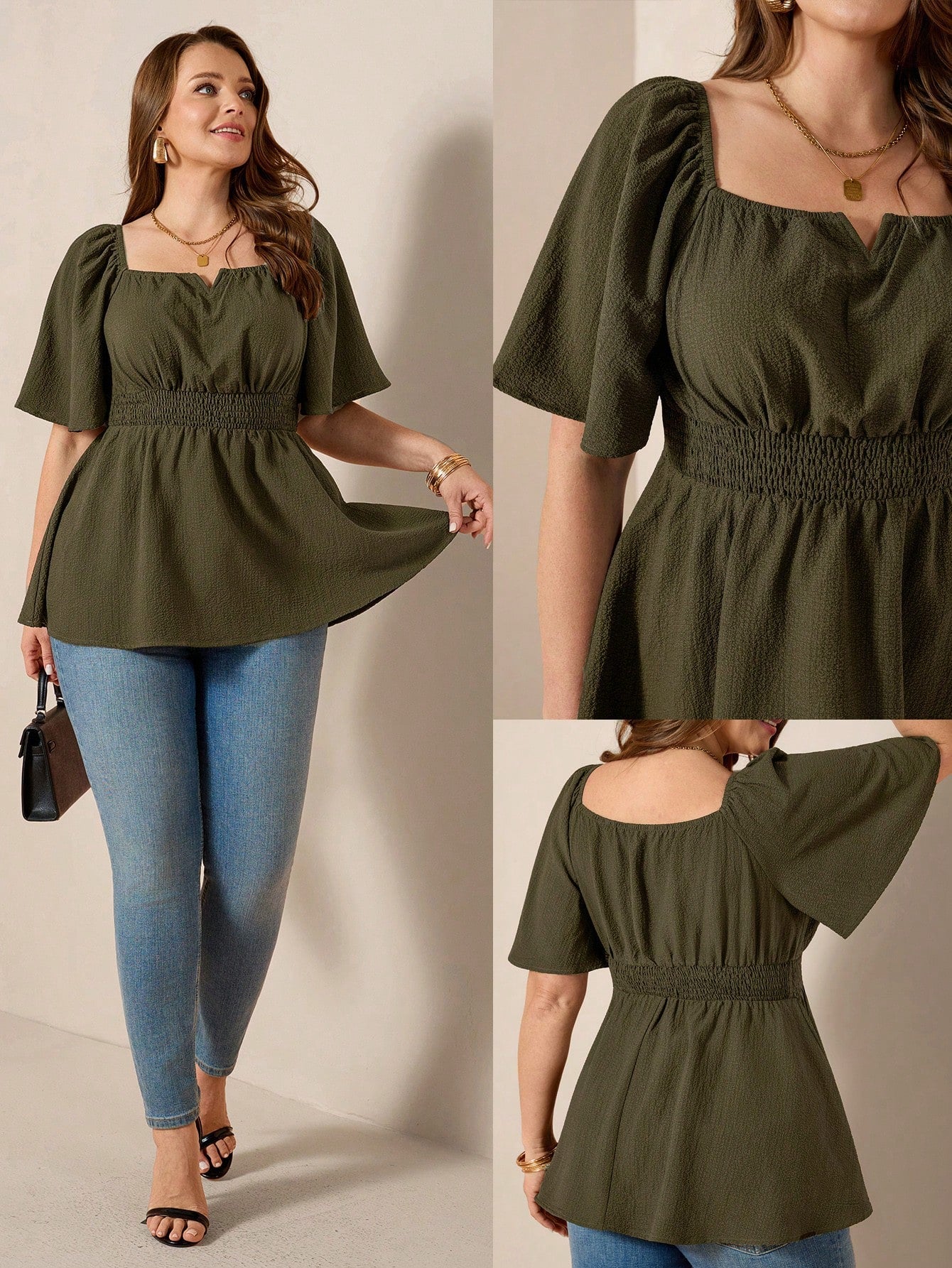 Comfylo Plus Size Women's Olive Green Summer Elegant Blouse,Everyday Work Square Neck Ruffle Short Sleeve Cinched Waist Ruffle Hem Fashionable Solid Color Top