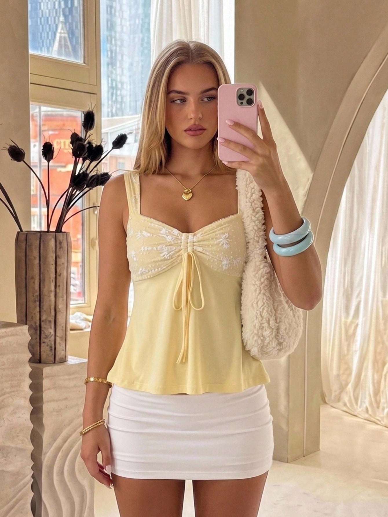 CovetEZ Women's Lace Lace-Up Pleated Casual Cute Elegant Versatile Daily Vacation Outing Brunch Top White And Yellow Summer