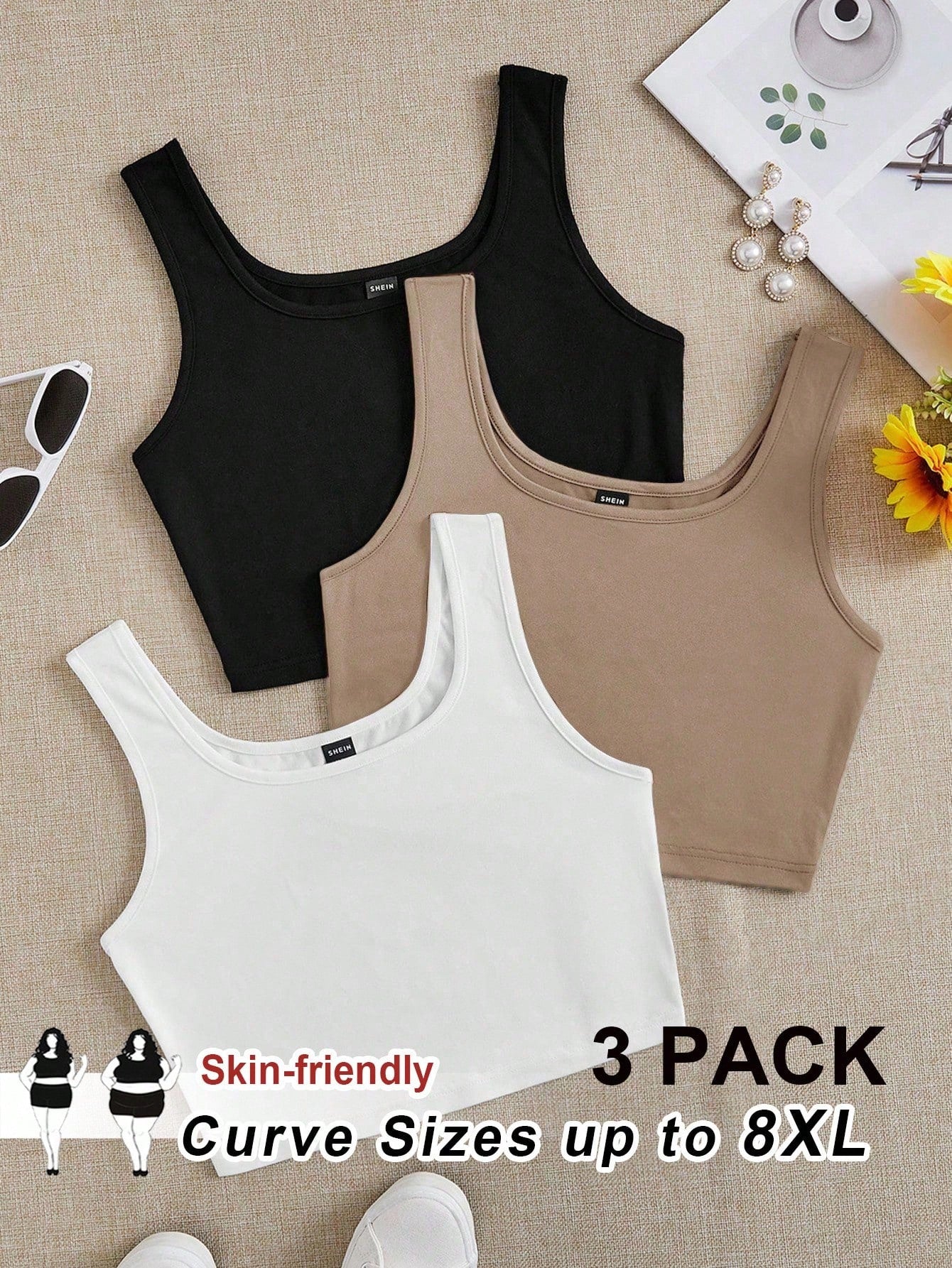 CURVE+ Curves Plus Size/Chool Clothes/Back To School Clothes /Back To School3pcs Size Women's Casual Round Neck Camisoles 3 Packs Crop Tops Tank Pack Women