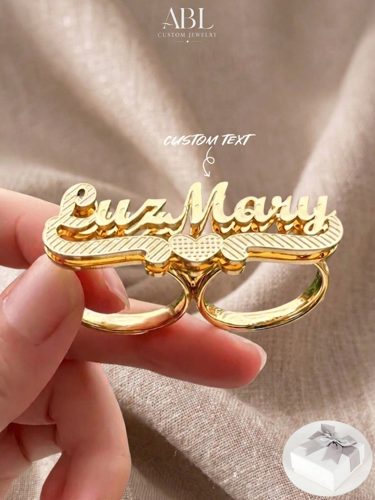 Customized Double-Layer Gold Plated Name Ring, Dual-Tone Ring, Personalized Gift, Double Finger Ring, Name Plate Ring, Personalized Name Ring, Women's Double Finger Gold Ring, Adjustable Name Ring, Su
