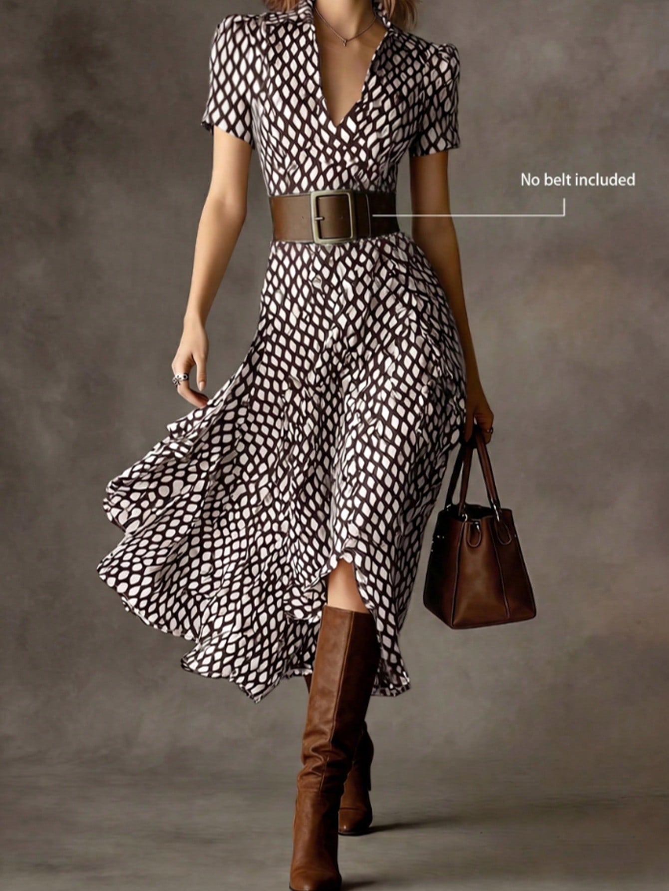 Elegant Women's A-Line V-Neck Short Sleeve Flared Midi Dress, Fashionable Choice For Spring, Summer And Autumn, Premium Ladies Dress Vacation Brown