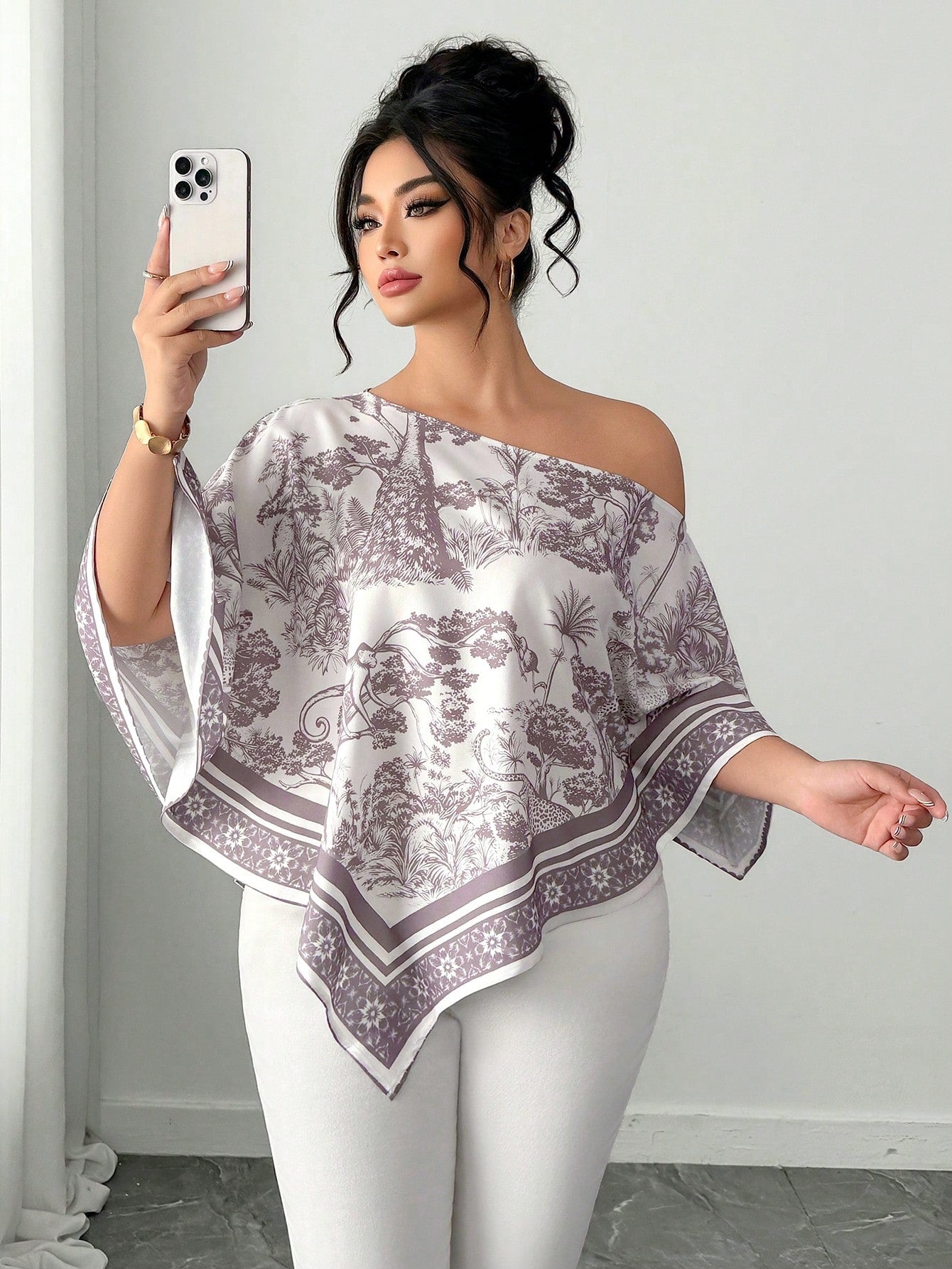 Elenzga White Autumn Elegant Eleganza Vacation Holiday Plus Size Women's Casual Asymmetric Neck Batwing Sleeve Blouse Retro Sunset Print Poncho Top