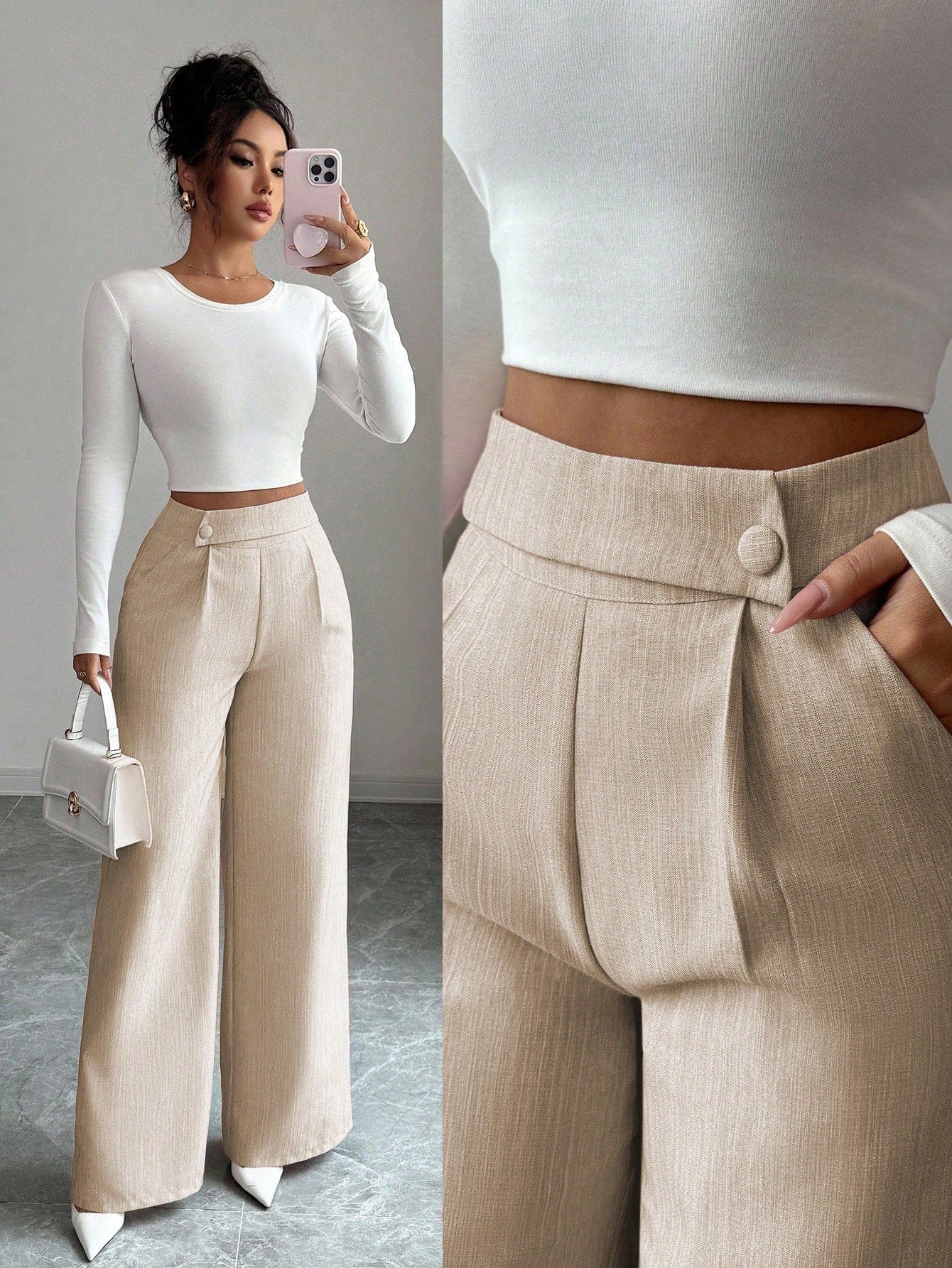 Elenzga Women's Bamboo Fabric Khaki Summer Business Casual Office Pants,Elegant Buckle Design Front Overlay Straight Leg Loose Flowy Teacher Uniform Trousers