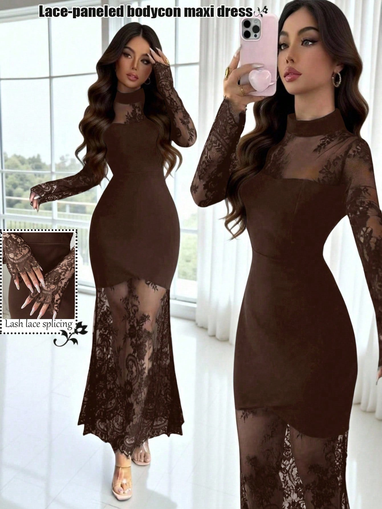 Elenzga Women's Brown Elegant Lace Hollow-Out Long Sleeve Dress,Autumn Waist Cinched Bodycon Mermaid Hem Evening Dinner Gown Maxi Party Night Lace Dress
