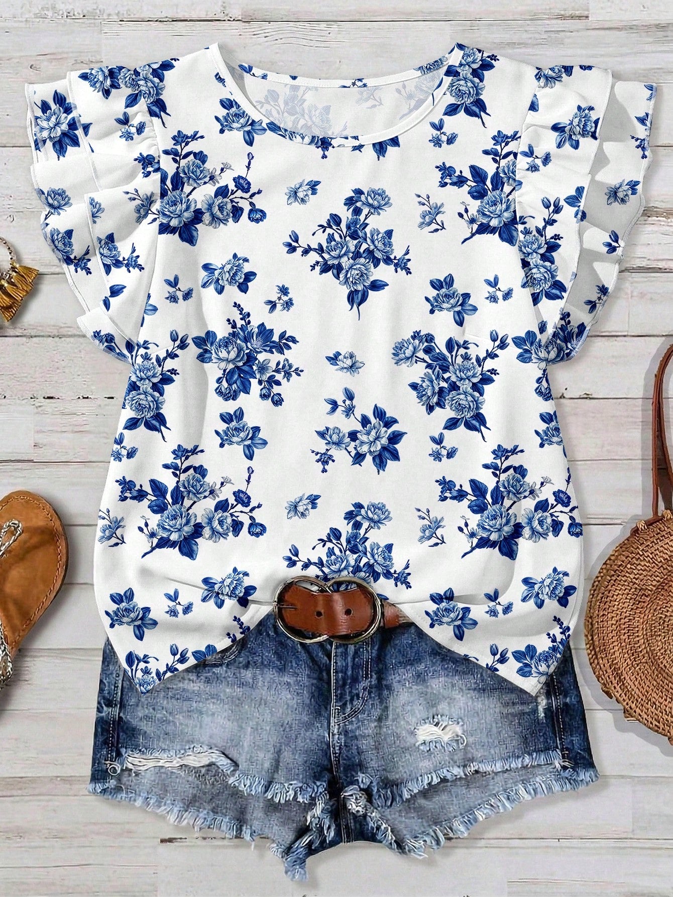 EMERY ROSE Plus Size Women Floral Print Ruffle Sleeve Casual Shirt Women's Tops Summer And Blouses Spring Shirts For Outfits