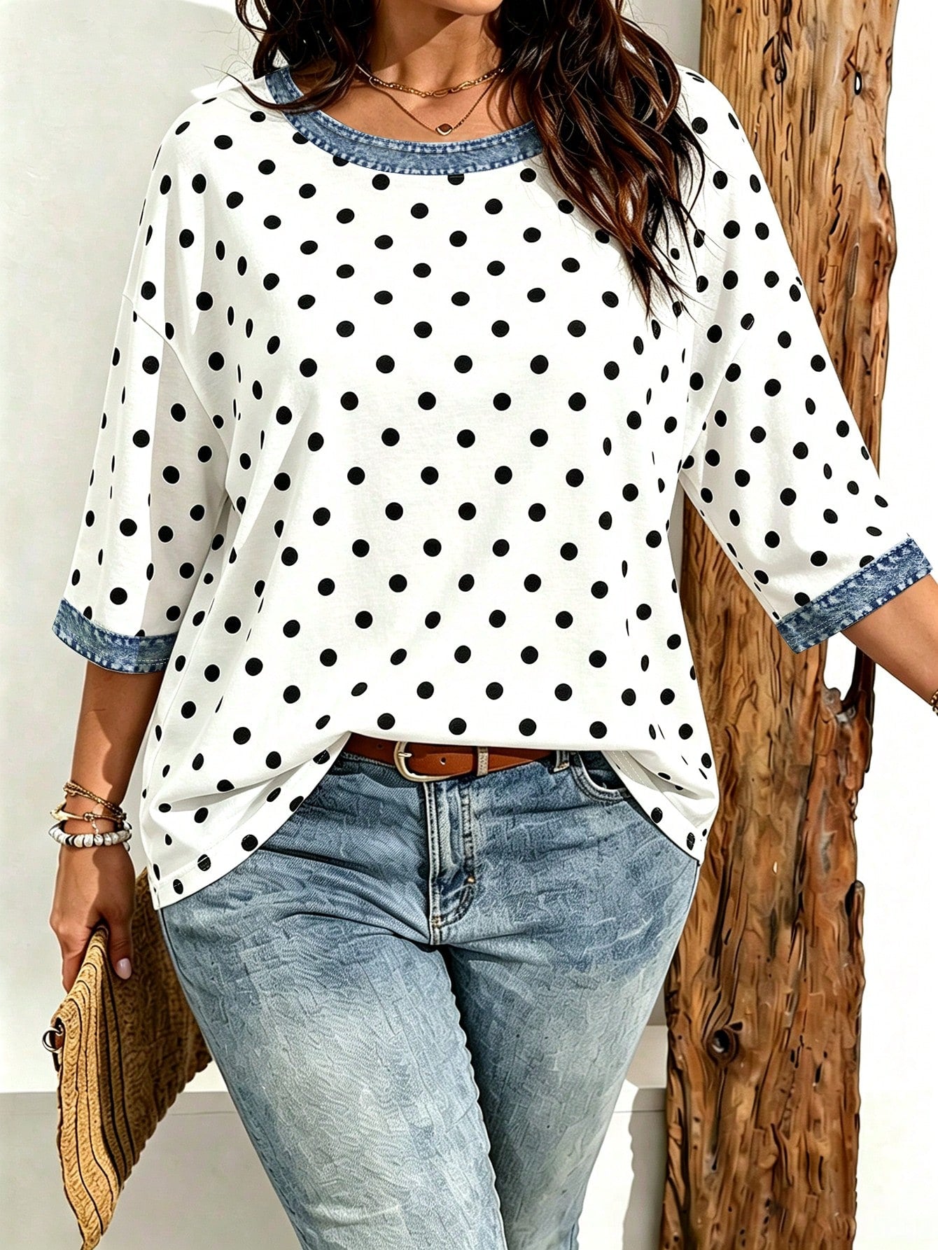 EMERY ROSE Women's Casual Striped & Floral & Faux Denim Print Drop Shoulder Plus Size T-Shirt, Suitable For Summer Wear