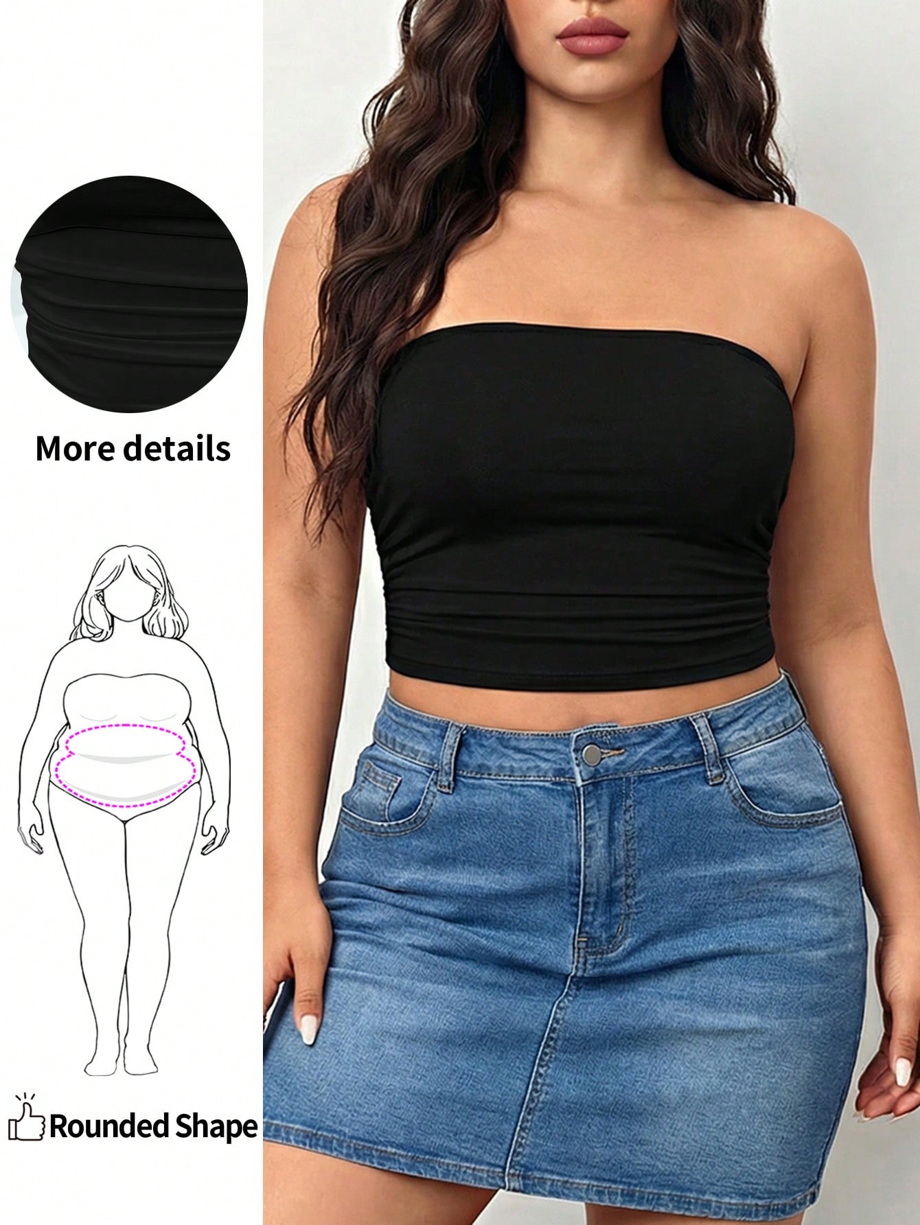 Enliva Women Plus Size Pleated Solid Color Bandeau Top, For Apple And Rounded Body Shape, For Summer