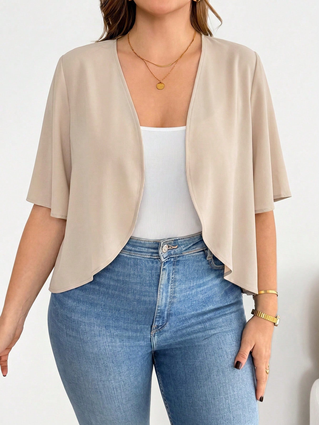 Essnce Plus-Size Women's Elegant Semi Formal Short-Sleeved Cardigan,Casual Comfortable Basic Versatile Summer Coats,Autumn Office Wear Vacation Outfits Tops