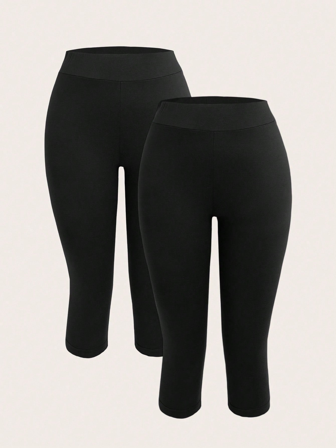 EZwear 2pcs Women's Black Capri Length Skinny Casual Leggings, Suitable For Summer Capris Women Set Biker Shorts Curve Two Pieces