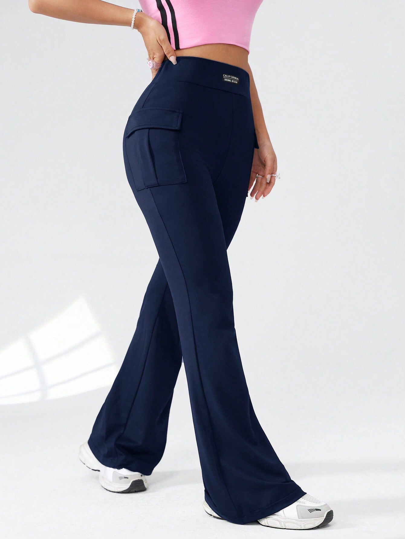 EZwear Knitted Ladies Cargo Pants With Letter Patchwork, Pockets, Casual Bell-Bottoms
