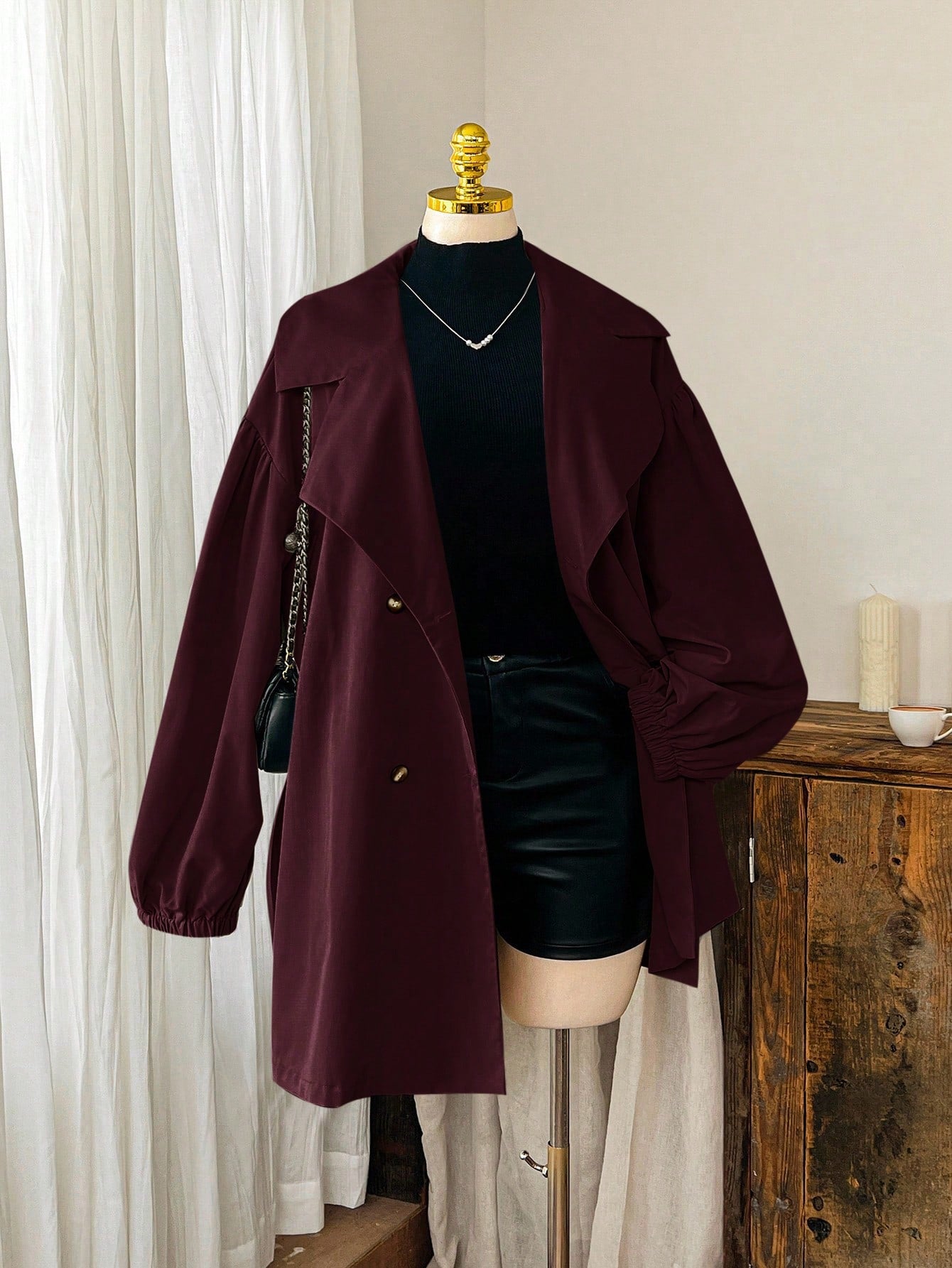 EZwear Wine Red Plain Collar Button Tie Casual Minimalist Plus Size Windbreaker French Style Clothes Long Jacket For Women In Fall/Winter