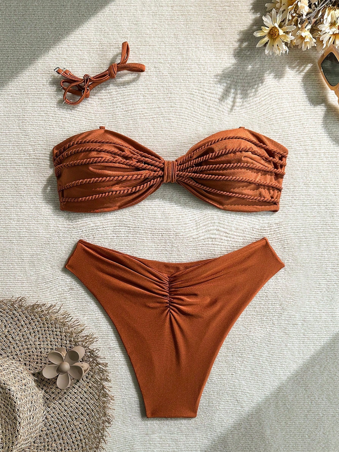 Fashion Plus Size Bandeau Bikini Set, Twist Detail, High Cut Bottoms, Mid-Stretch Fabric, Casual Swimwear For Women Vacation