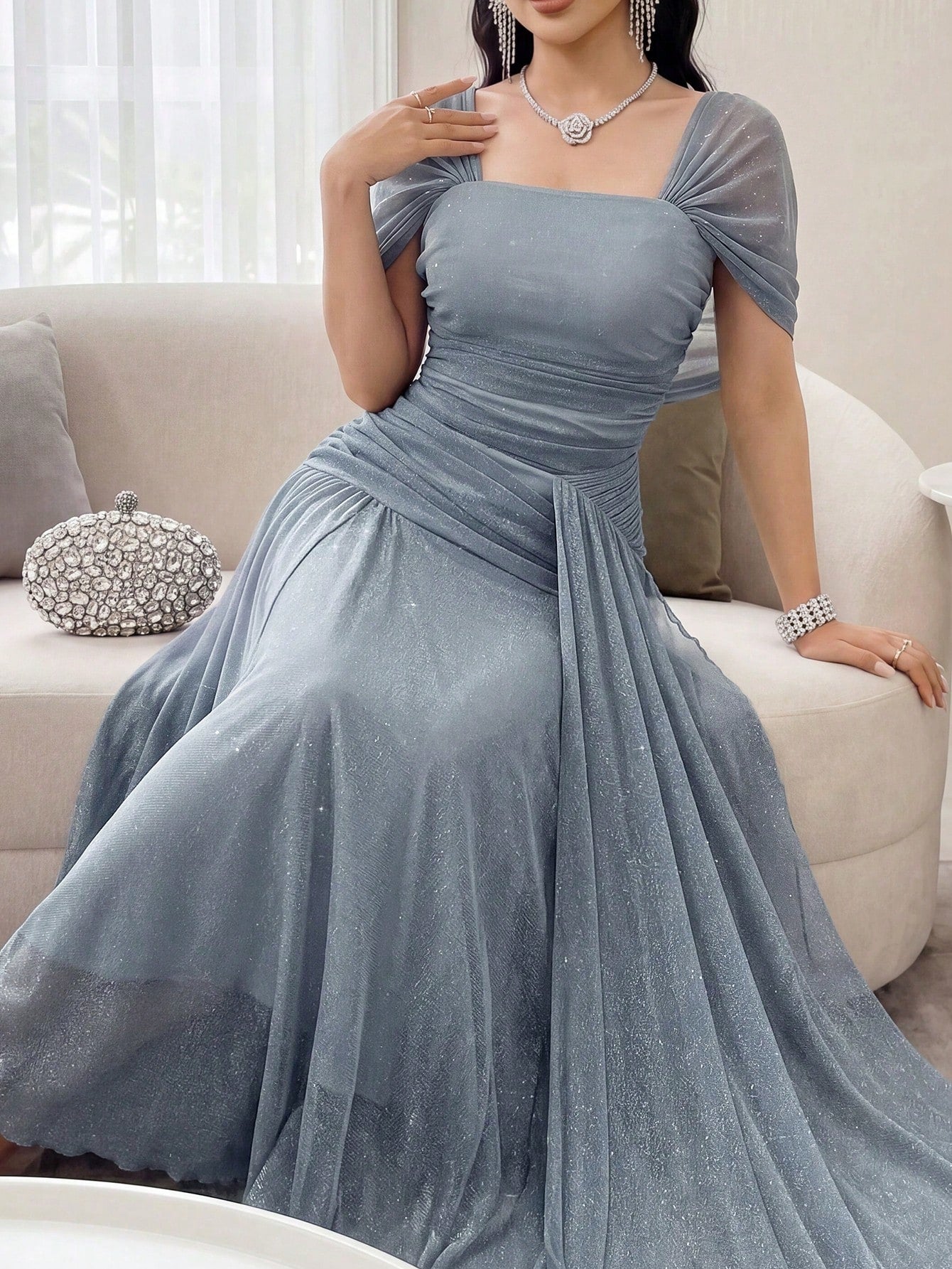 Feyla Women's Elegant Sparkling Long Dress For Party Chic Women's Long Shimmer Gown With Square Neck And Off-Shoulder Sleeves Gathered Waist Design For Prom And Special Events