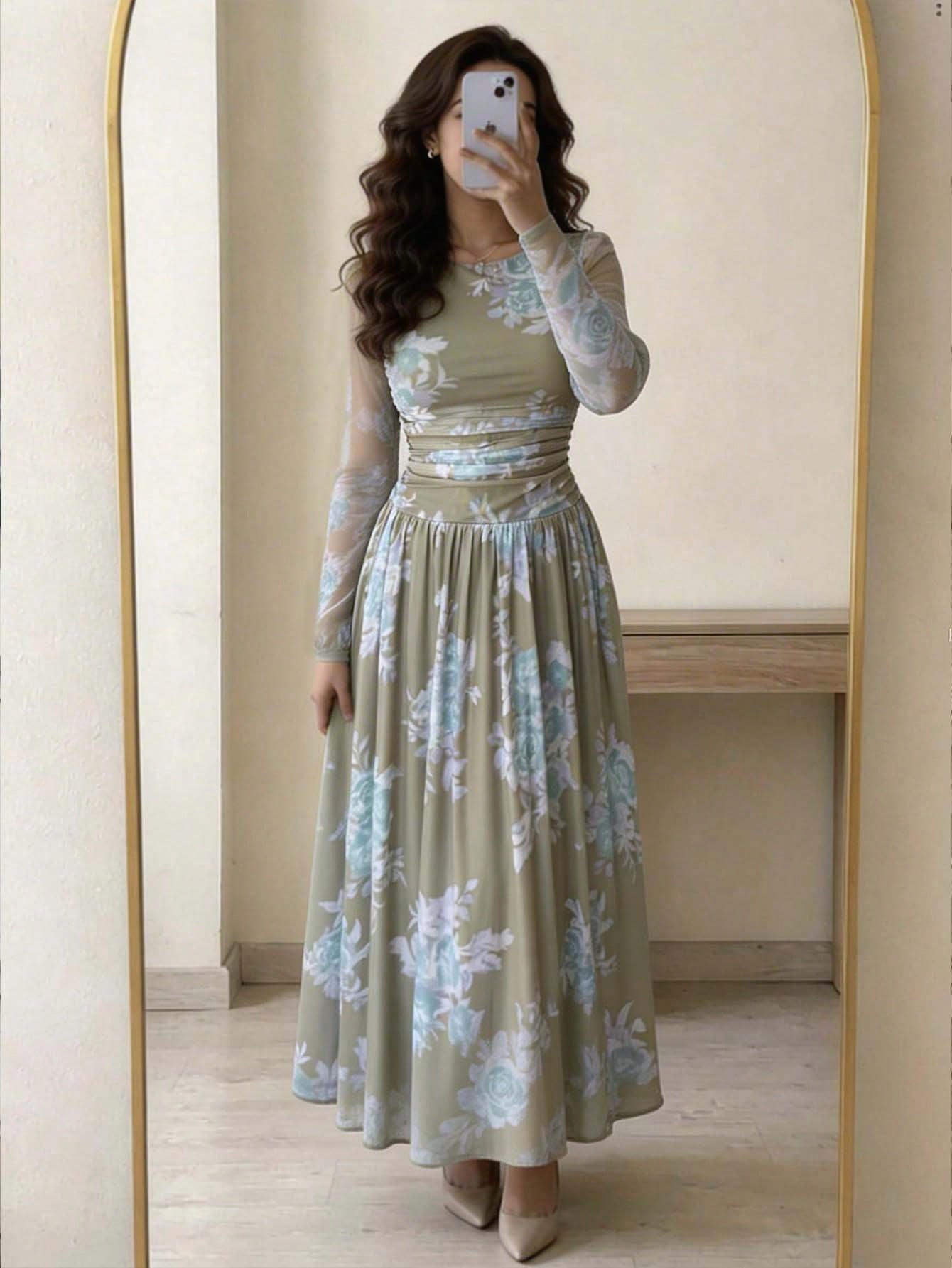 Feyla Women's Floral Print Round Neck Mesh Patchwork Elegant Long Sleeve Dress