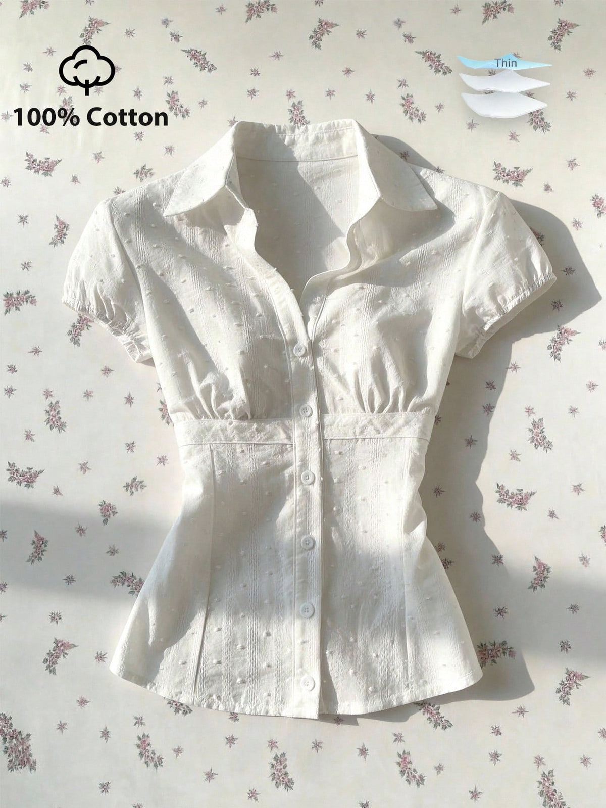Flirla Elegant Women's White Woven Fabric Short Sleeve Shirt Casual Plain With Ruched Bust Detail