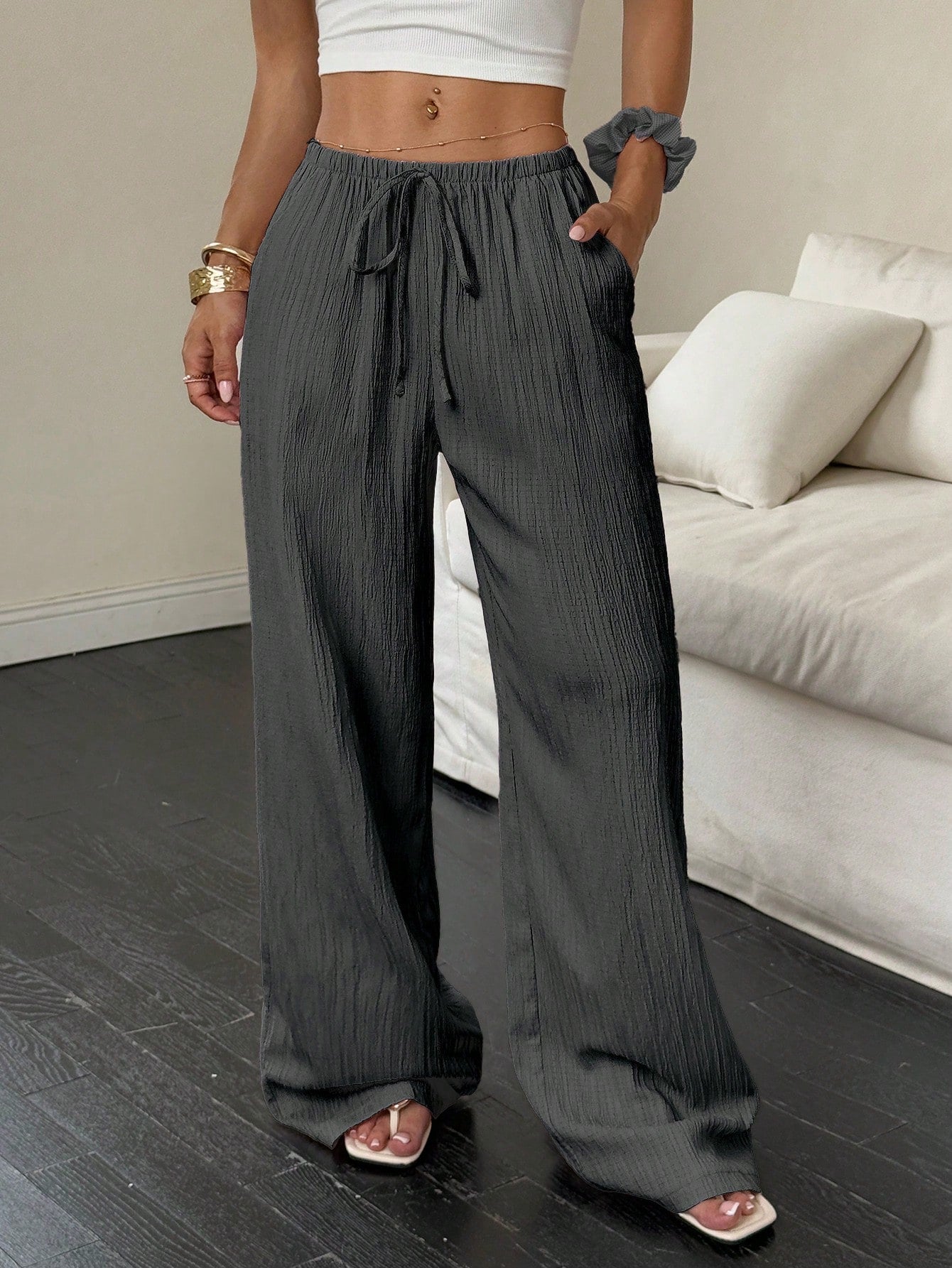Flirla Women's Textured Fabric Low Waist Wide Leg Pants With Drawstring And Pockets, Casual Trousers Fall Cloth For Women