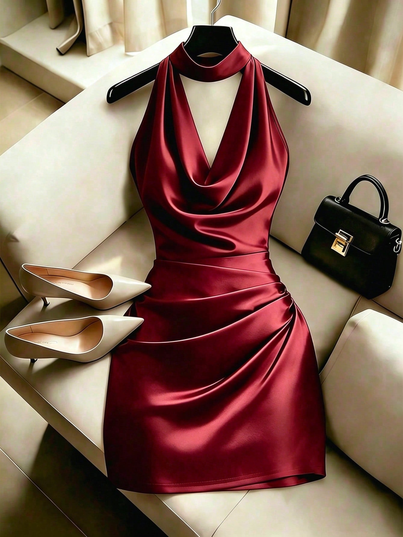 Franclia Elegant New Fashion Brown Draped Neck Dress, With Draped Neckline, Waist Pleats For Slim Fit, Sexy, Elegant, Fashionable, Brown Bodycon Mini Dress