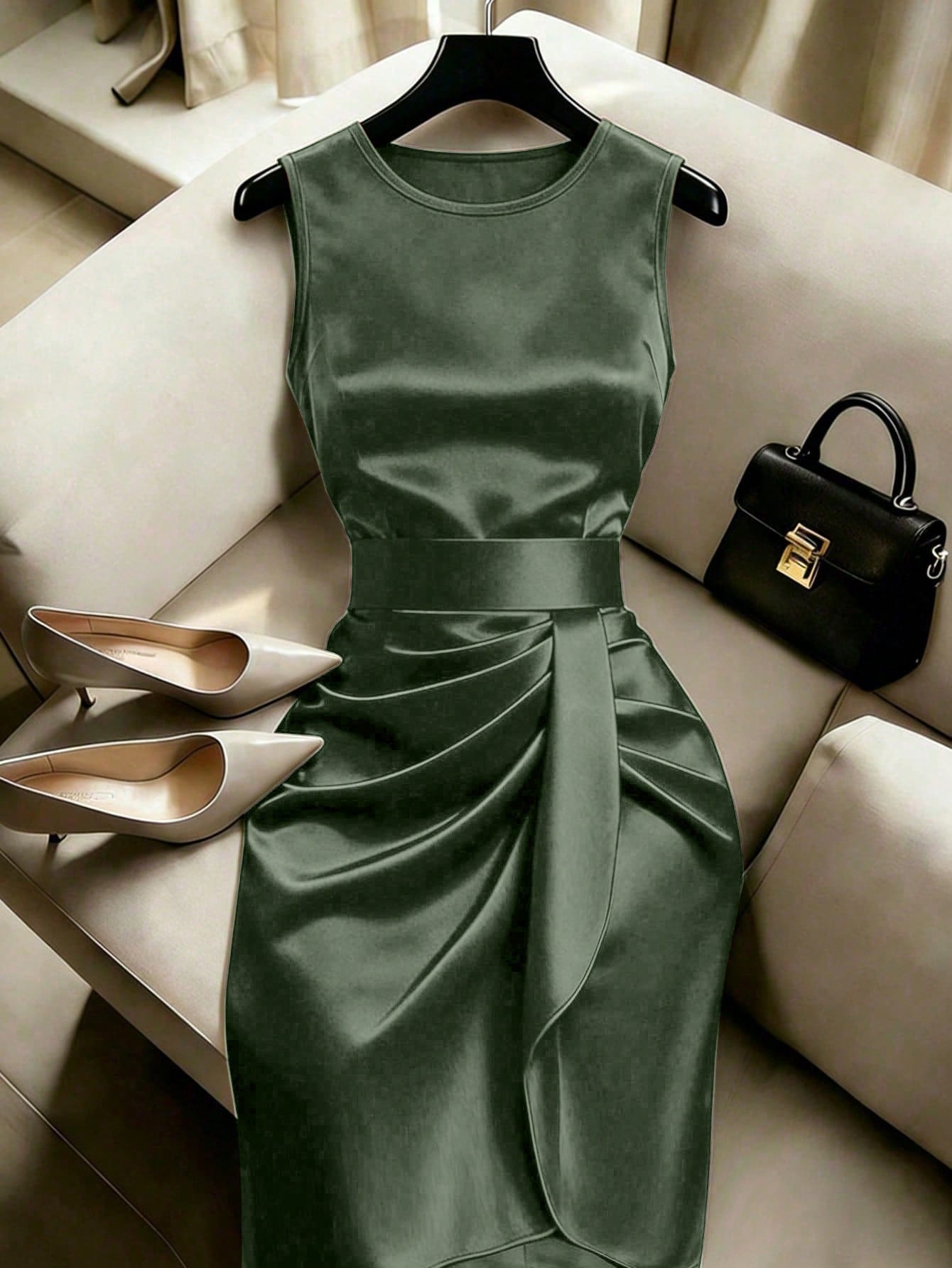 Franclia High-End Light Luxury Niche Fashion New French Vintage Sleeveless Waist-Cinched Slimming Pleated Glossy Split Bodycon Asymmetrical Women's Dress