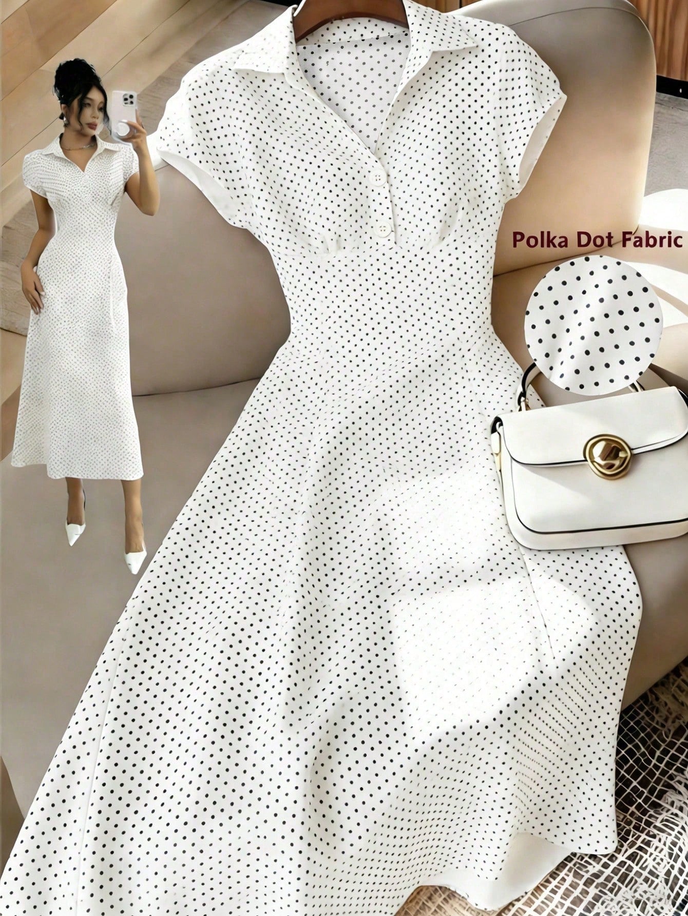Franclia Women's Vintage V-Neck White With Black Polka Dots Dress,Elegant Summer A-Line Short Sleeve French Style Dress,Flattering Fit Brunch Office Wear