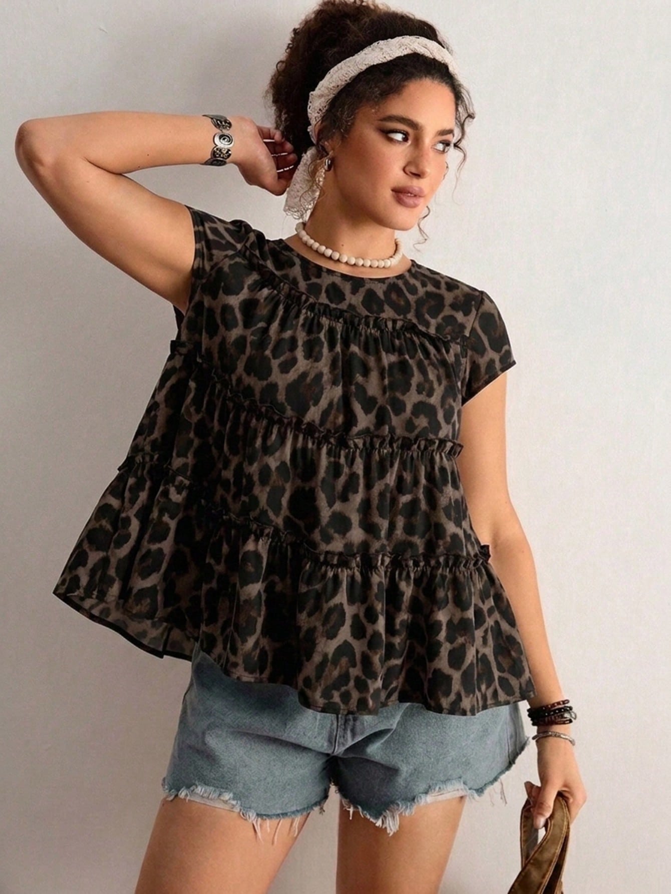 Freevana Plus Size Women's Sleeveless Layered Patchwork Blouse Vacation Chocolate Brown Summer Boho Leopard Print, Loose Fit Holiday Vacation Vacation