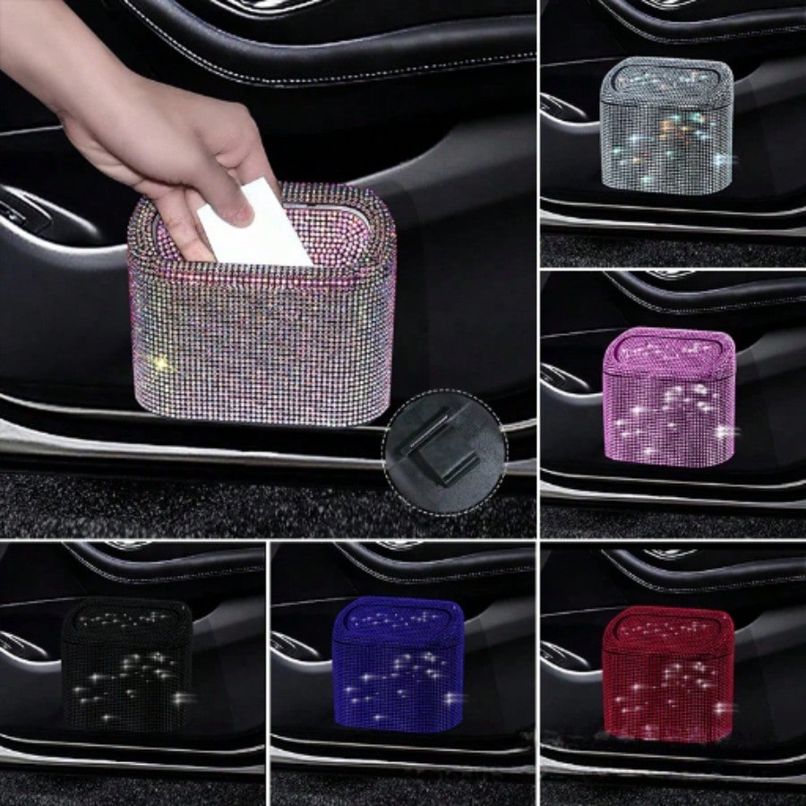 Full Rhinestone Car Flip Trash Can, Bling Diamond Inlaid Vehicle Storage Bucket, Creative Auto Organizer Box, Universal For Car Interior