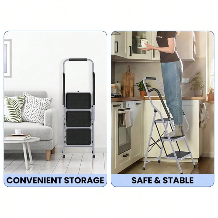 GCCSJ 3 Step Ladder Folding Step Stool,Ladder With Handrails.3 Step Ladder With Handrails, Sturdy Steel Step Ladder 3 Step Folding, Portable Folding Step Stool With S-Afety Lock, 330LBS Capacity Ladde