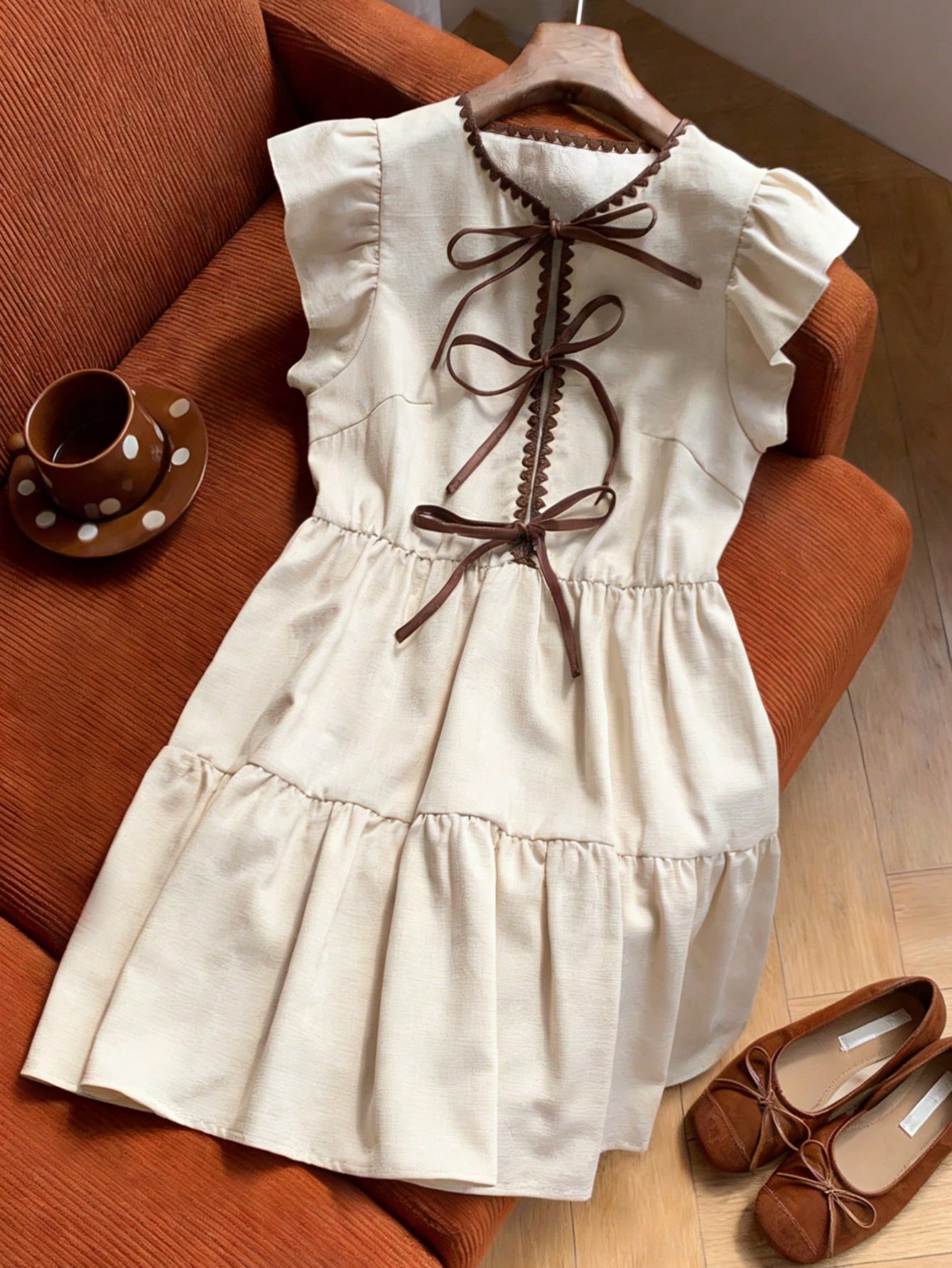 GlowEve Apricot Short A Line Dress With V Neck Flounce Sleeve And Ruffle Hem Casual Woven Fabric