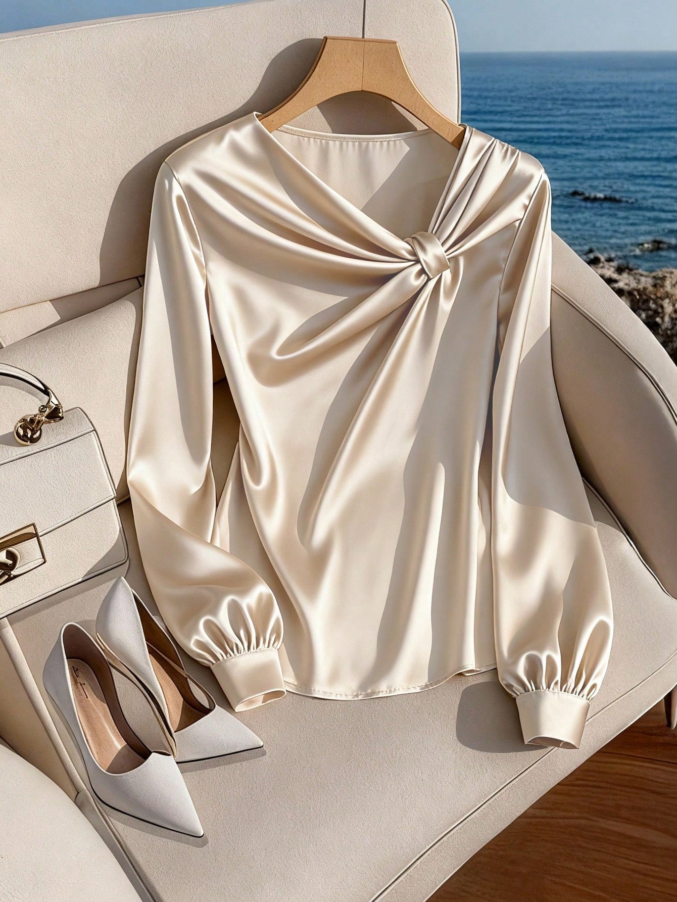 GlowEve CURVE Plus Size Women Satin Asymmetric Collar Glossy Blouse, Elegant For Party, Afternoon Tea, Commute, Apricot Long Sleeve Shirt Fall
