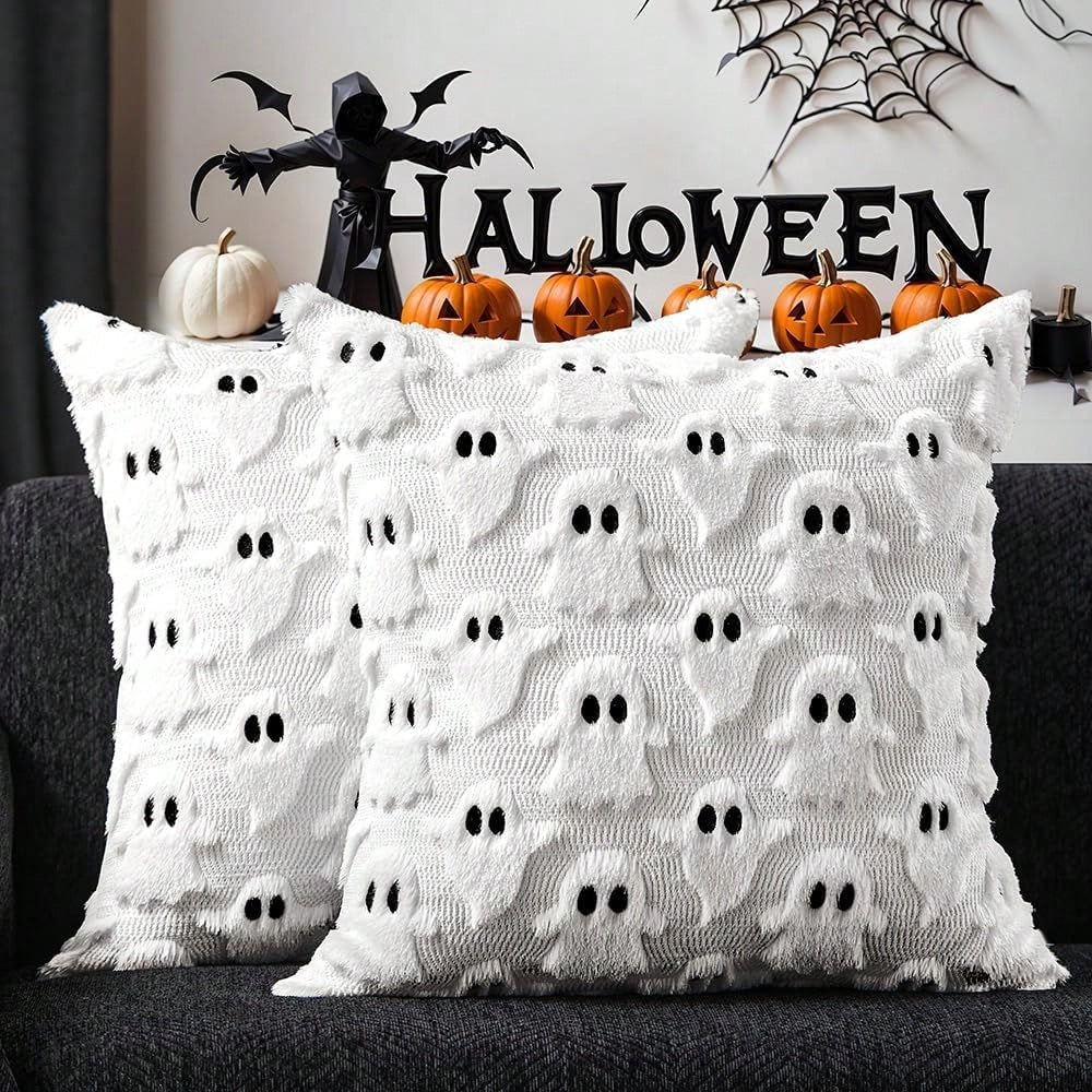 Halloween Pillowcase Cute Ghost Throw Pillow Cover 18x18 Inch 2pcs Set Soft Plush Faux Fur Autumn Decor Sofa Bed Porch Living Room Cushion Cover