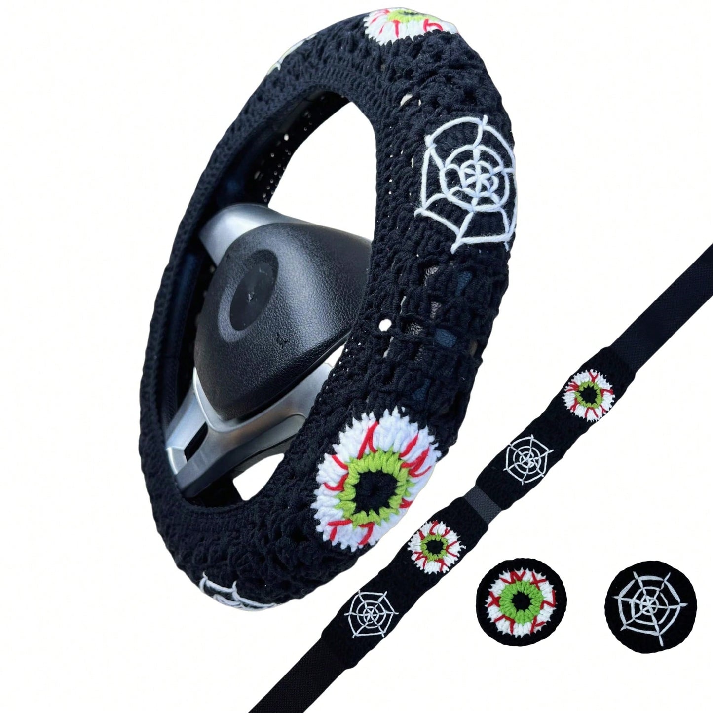 Handmade Crochet Spider Web And Eye Granny Square Car Steering Wheel Covers Universal 14-15 Inch For Women And Men