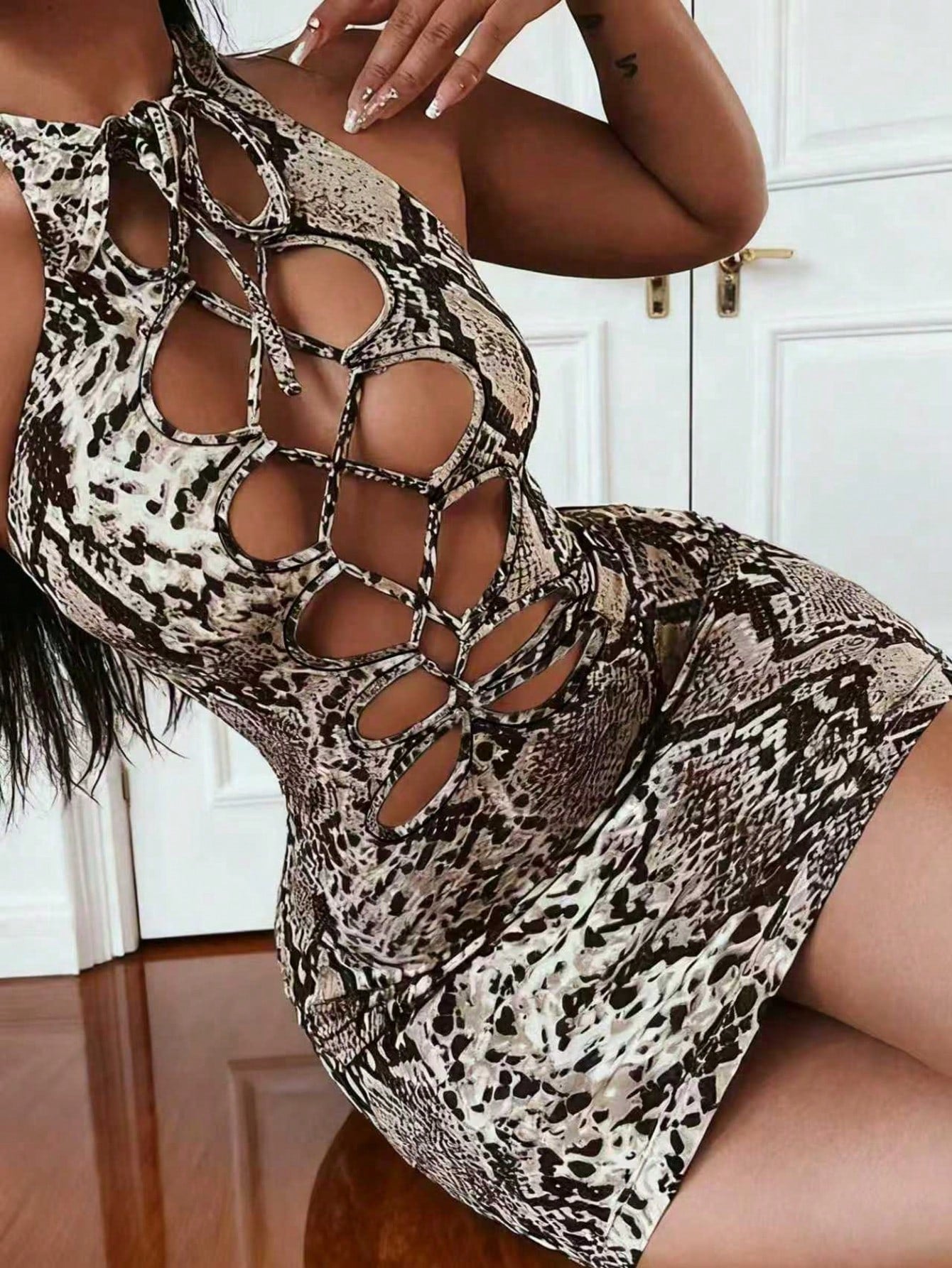 Hollow Out Fashion Snake Skin Random Print Sleeveless Women Dress Party Elegant Summer