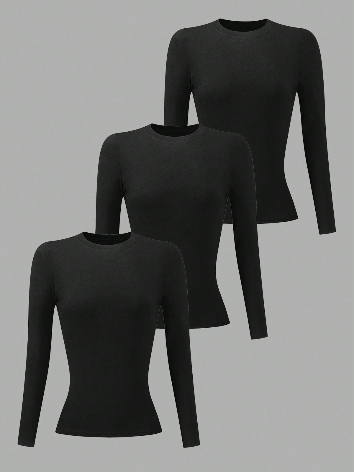 INAWLY 3pcs/Set Women Black Long Sleeve Round Neck T-Shirts Fall Cloth For Women