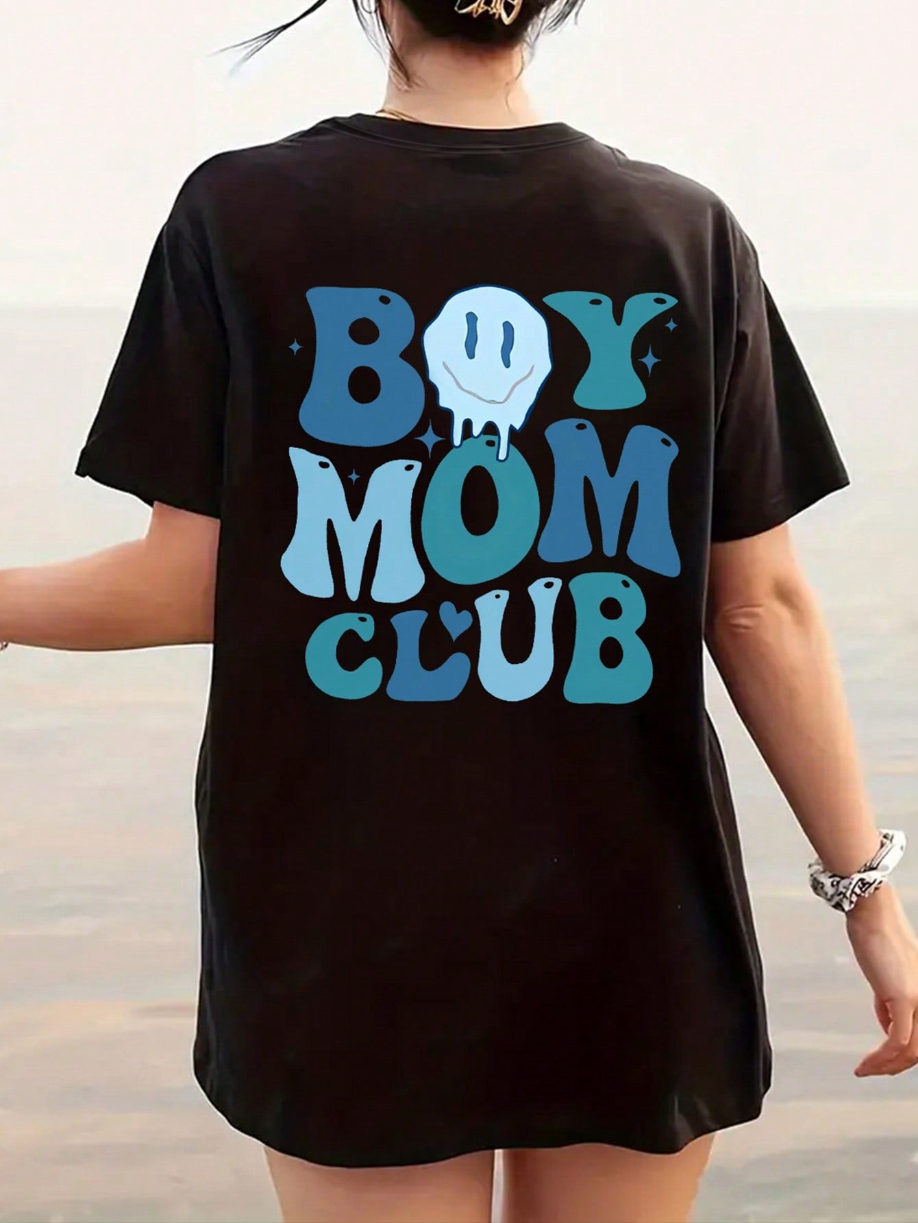 INAWLY Plus Size Cartoon & Letter Printed Short Sleeve T-Shirt BOY MOM CLUB Letter Graphic Tee, Women Summer Top